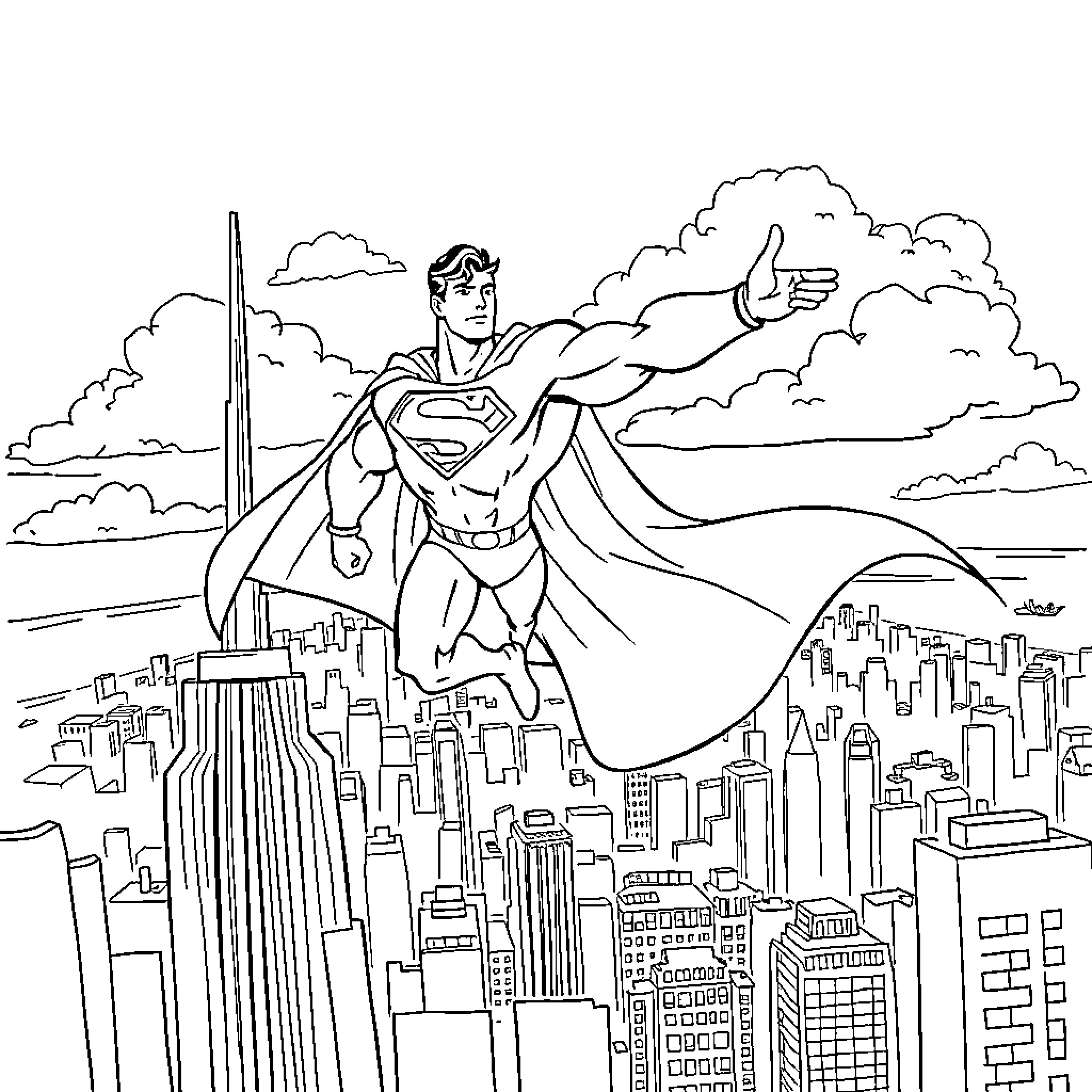 Superman soaring through the sky over city skyline Coloring Page (free black-and-white line drawing printable PDF for all, from beginners to advanced learners, including children, teens, adults, and seniors)