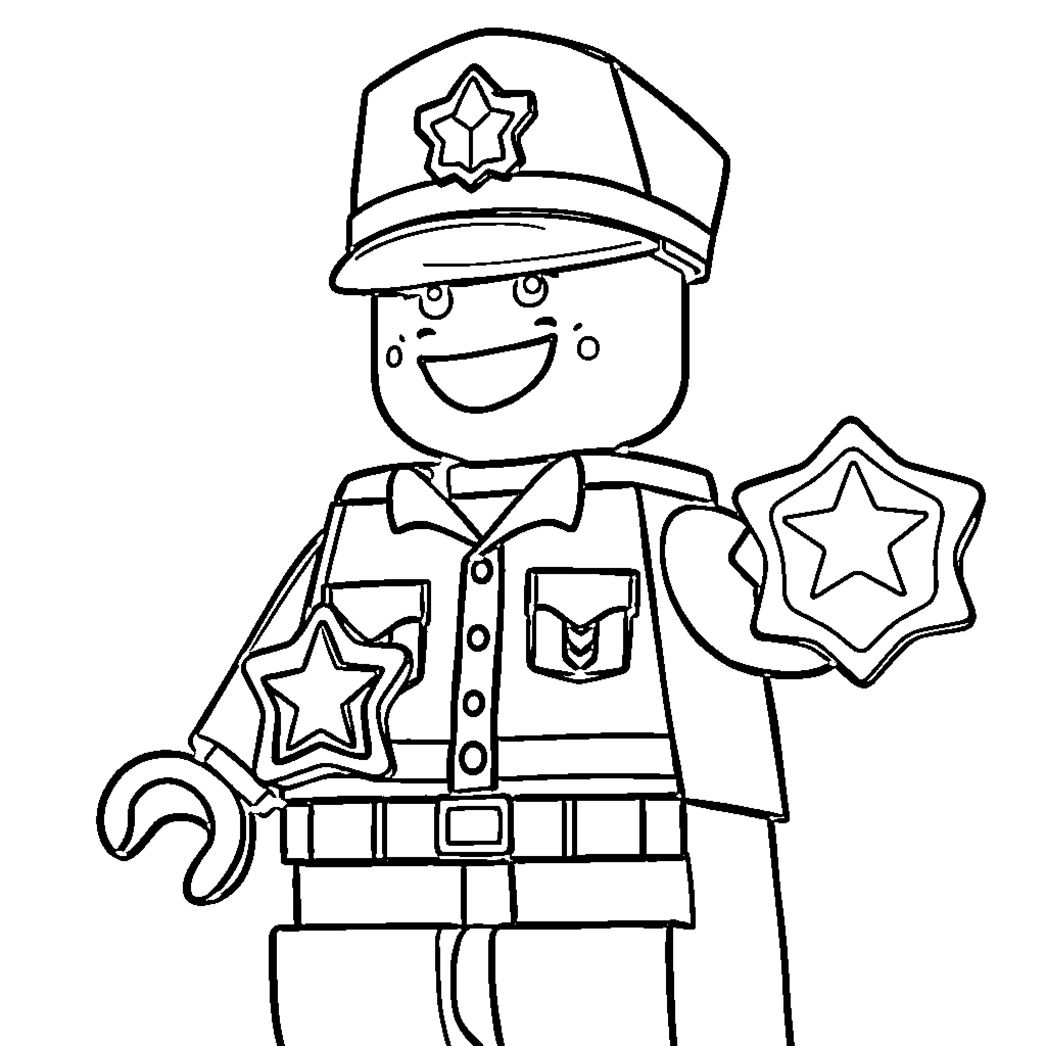 Lego Cop performing duties with enthusiasm Coloring Page (free black-and-white line drawing printable PDF for all, from beginners to advanced learners, including children, teens, adults, and seniors)