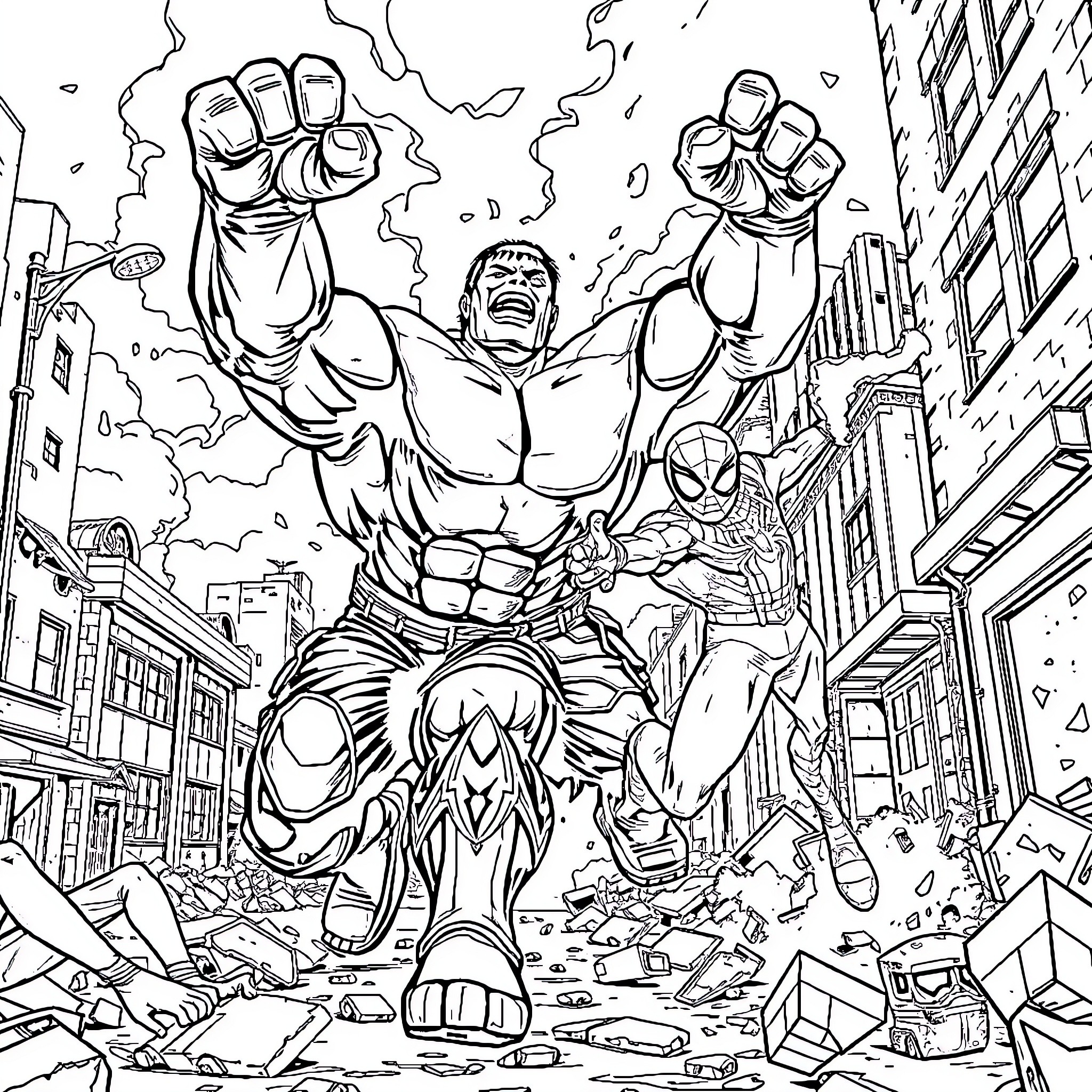 Hulk rampaging through the city with Spider-Man Coloring Page (free black-and-white line drawing printable PDF for all, from beginners to advanced learners, including children, teens, adults, and seniors)