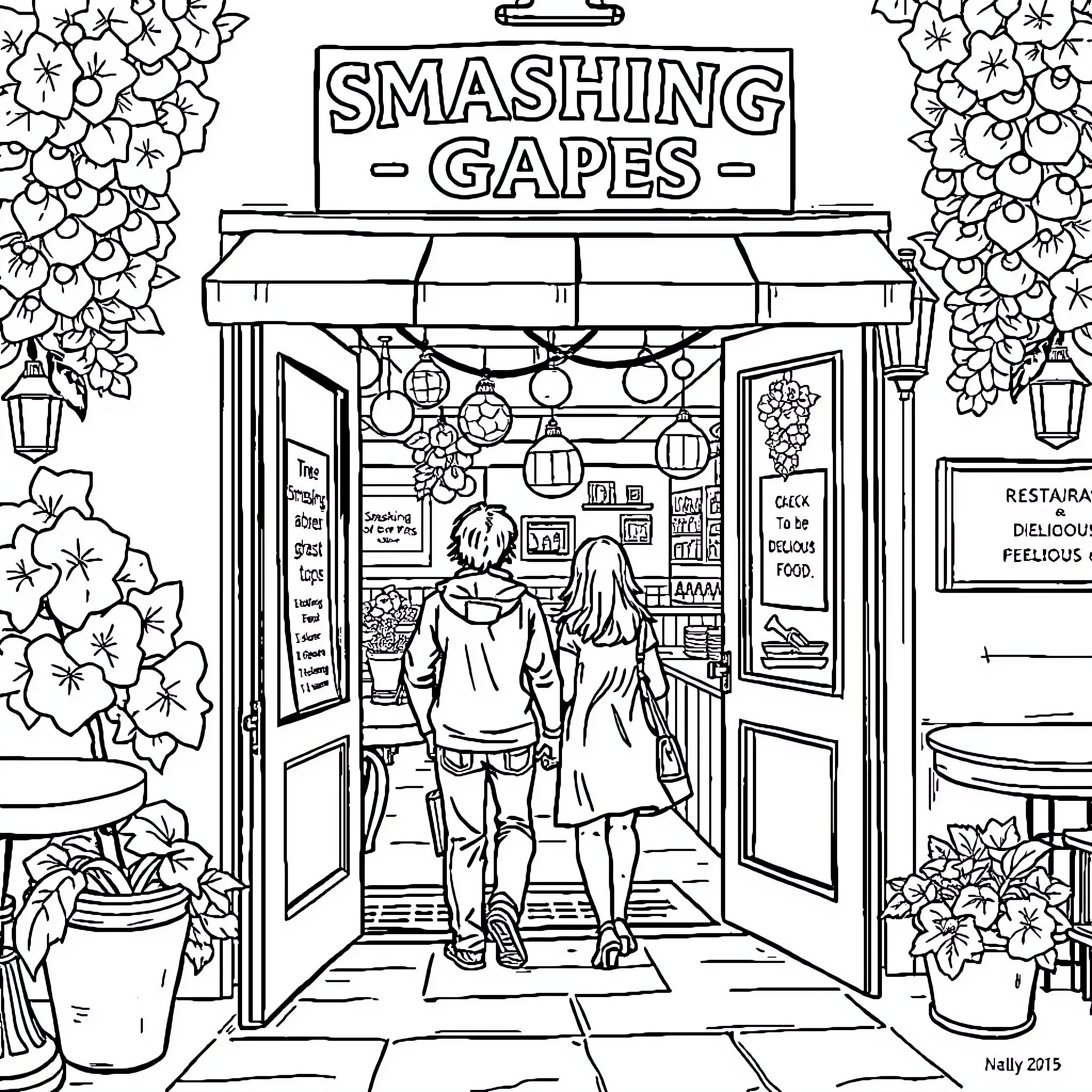 Person entering a quaint restaurant called Smashing Gapes Coloring Page (free black-and-white line drawing printable PDF for all, from beginners to advanced learners, including children, teens, adults, and seniors)