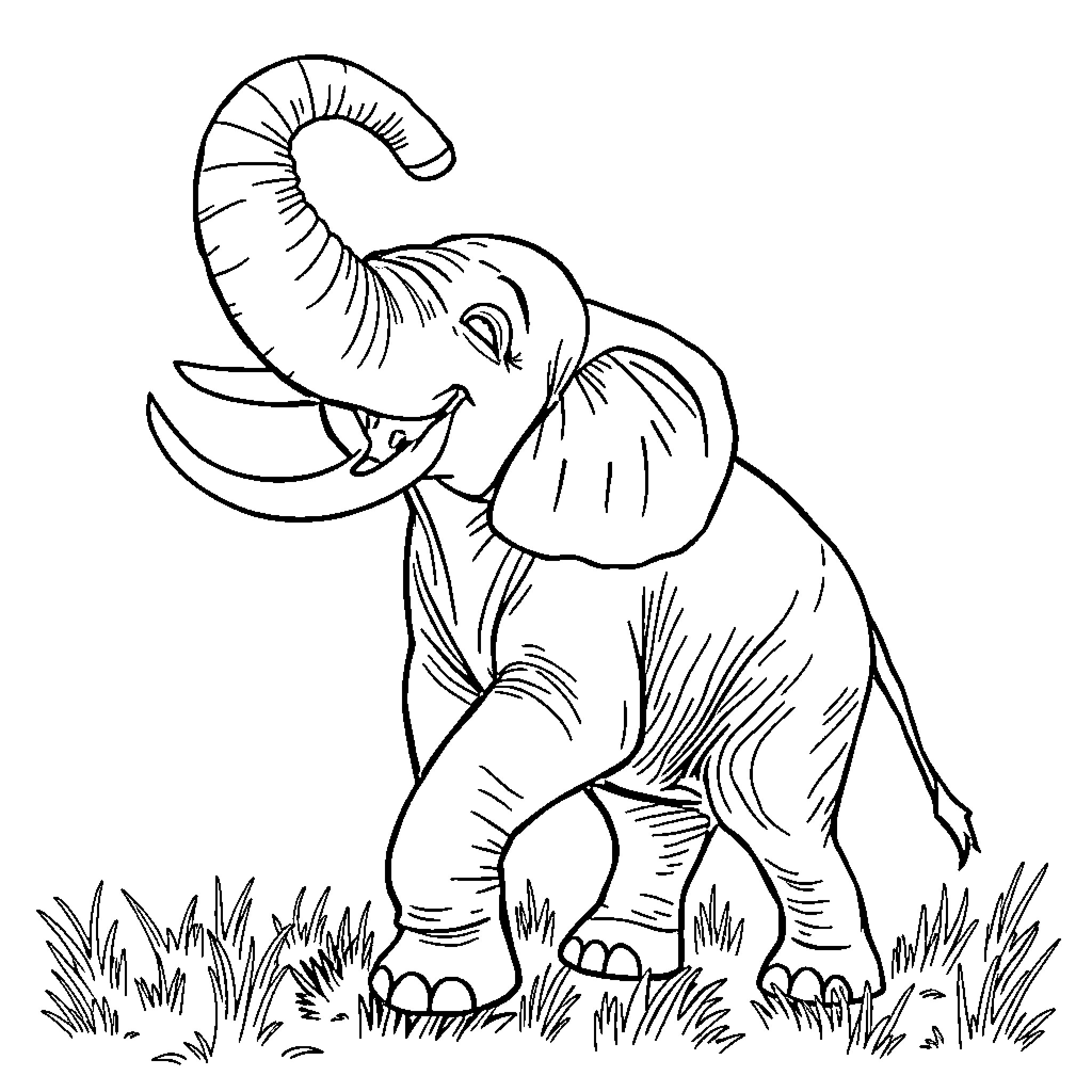 Elephant playing in the grass Coloring Page (free black-and-white line drawing printable PDF for all, from beginners to advanced learners, including children, teens, adults, and seniors)