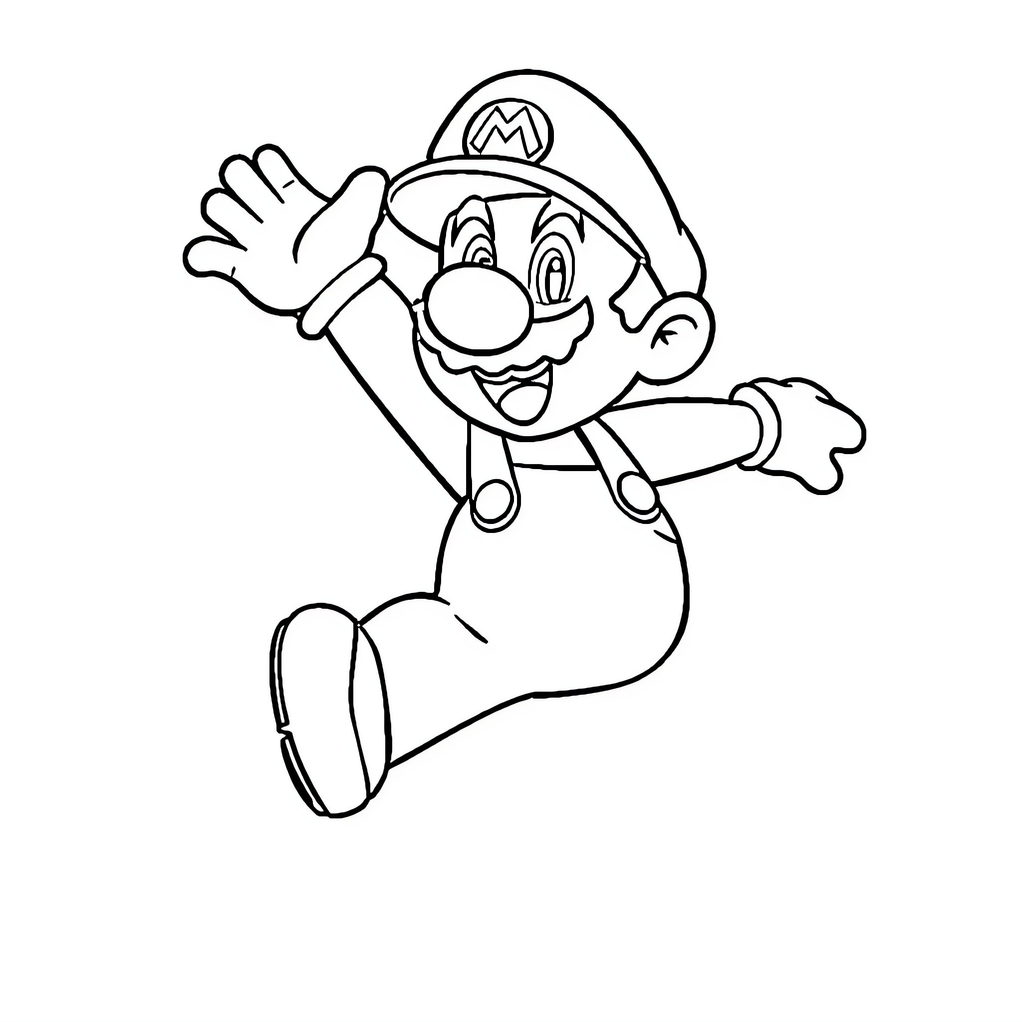 Mario jumping joyfully in action Coloring Page (free black-and-white line drawing printable PDF for all, from beginners to advanced learners, including children, teens, adults, and seniors)