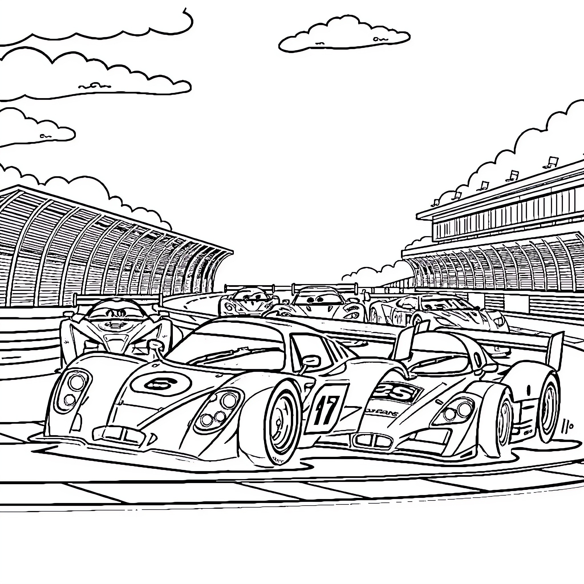 Race Car Drivers Compete in High-Speed Racing Event Coloring Page (free black-and-white line drawing printable PDF for all, from beginners to advanced learners, including children, teens, adults, and seniors)