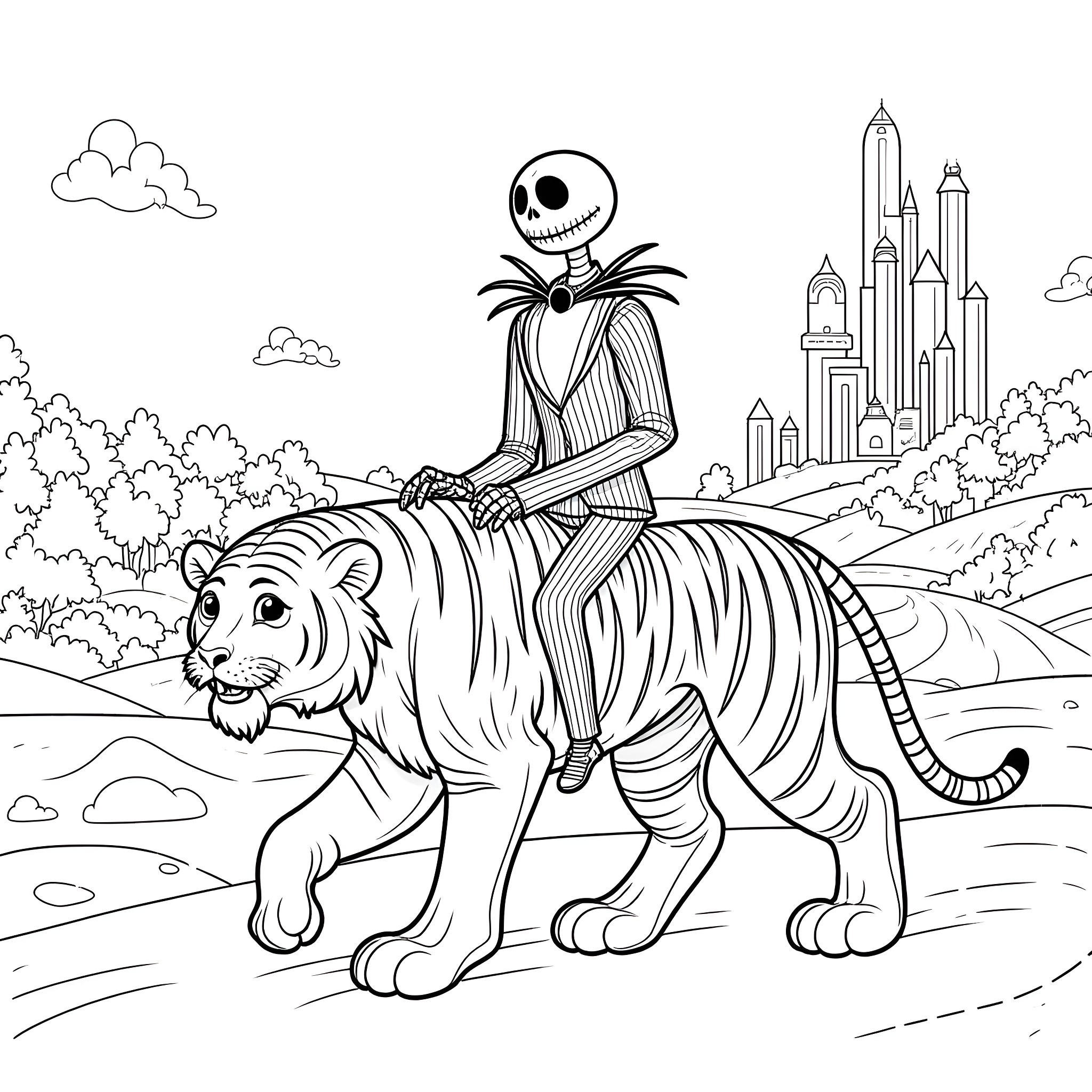 Jack Skellington rides a majestic tiger through a spooky landscape Coloring Page (free black-and-white line drawing printable PDF for all, from beginners to advanced learners, including children, teens, adults, and seniors)