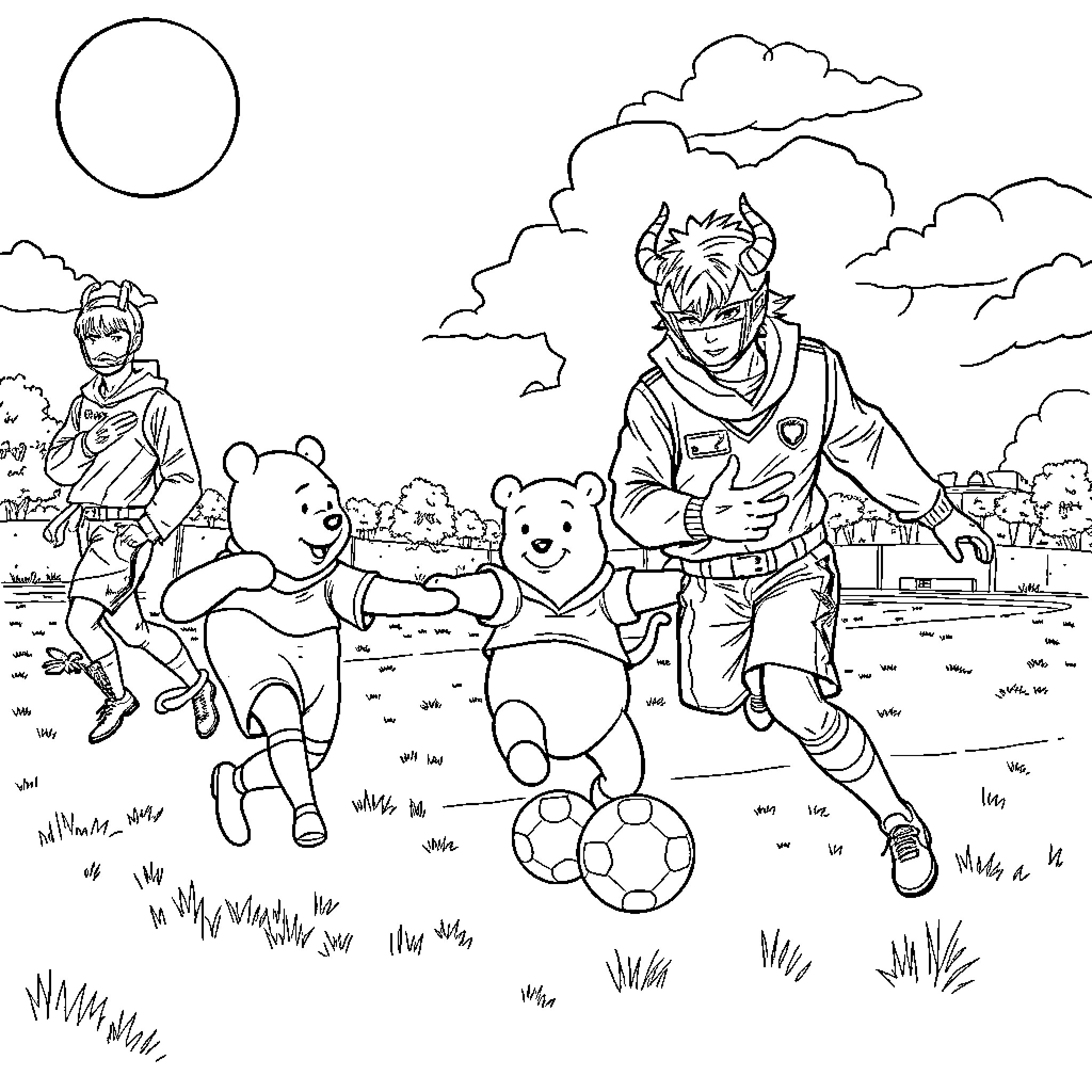 K Pop Stars Playing Soccer with Animated Characters Coloring Page (free black-and-white line drawing printable PDF for all, from beginners to advanced learners, including children, teens, adults, and seniors)
