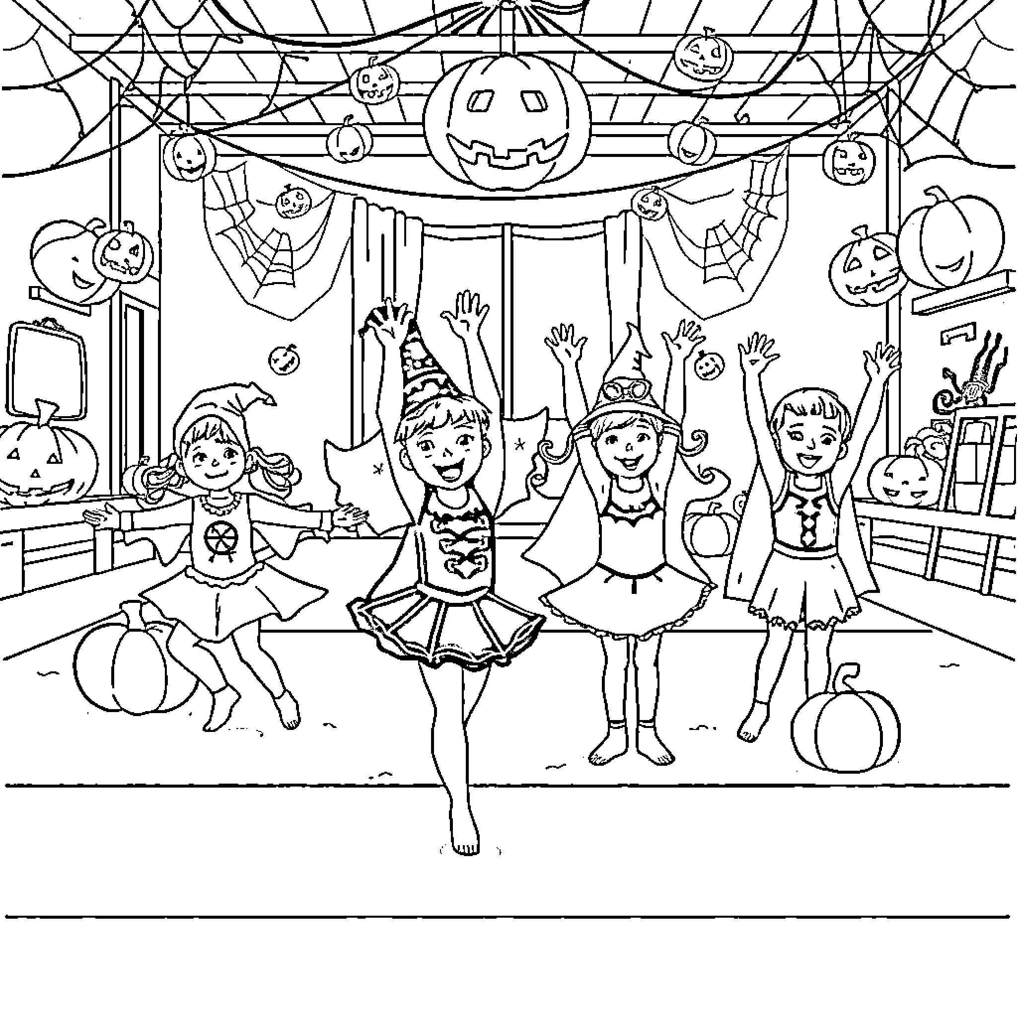 Kids Celebrating Halloween with Costumes and Decorations Coloring Page (free black-and-white line drawing printable PDF for all, from beginners to advanced learners, including children, teens, adults, and seniors)