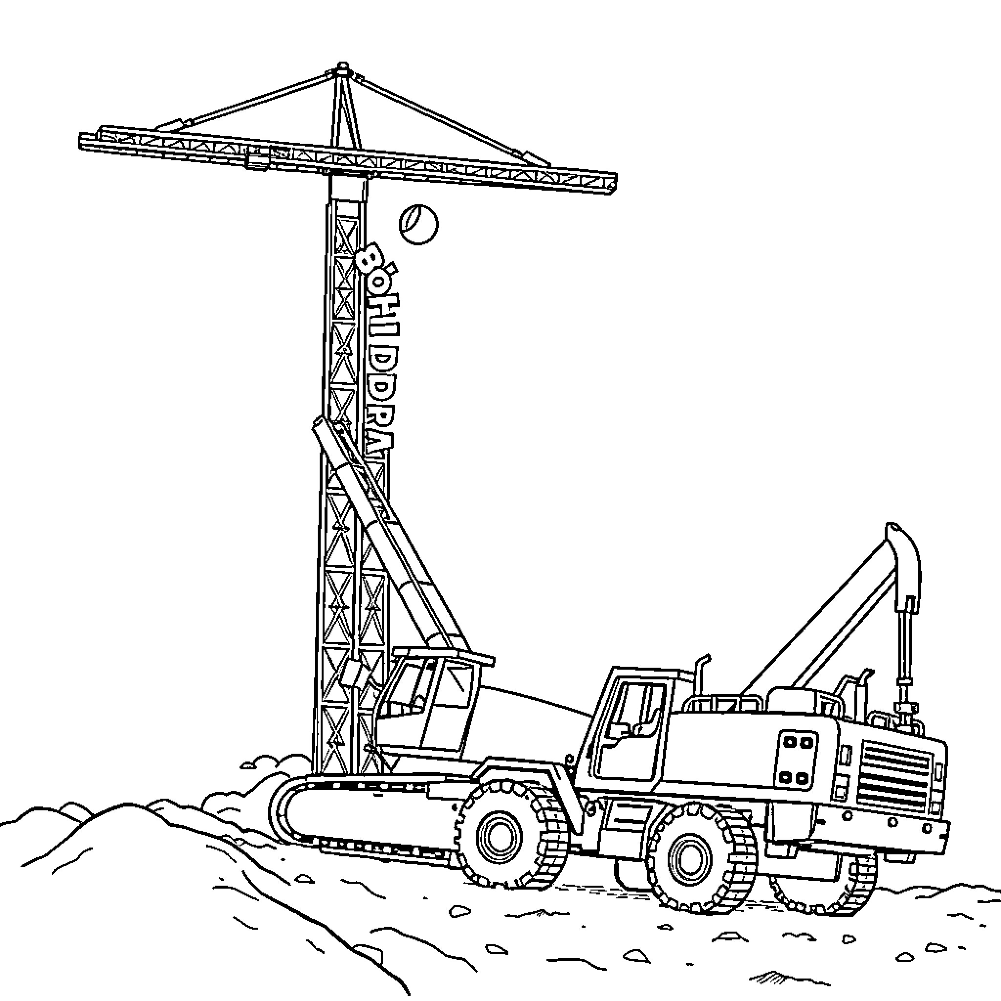Construction Equipment Moving Heavy Machinery on Site Coloring Page (free black-and-white line drawing printable PDF for all, from beginners to advanced learners, including children, teens, adults, and seniors)