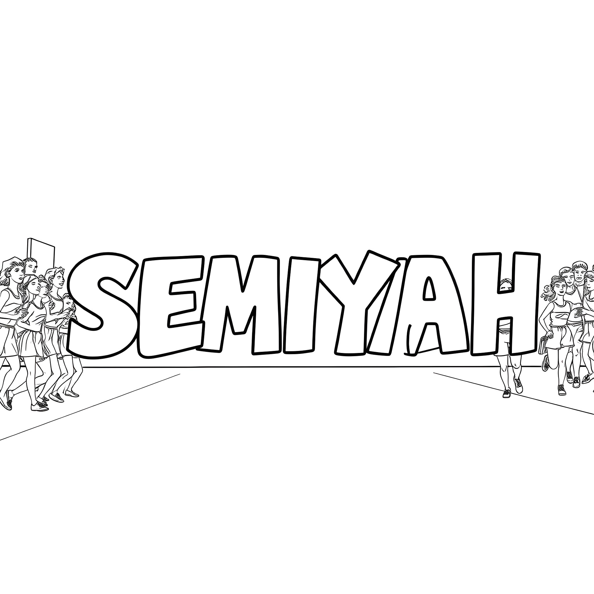 Name of Crowd moving towards the word Semiyah Coloring Page (free black-and-white line drawing printable PDF for all, from beginners to advanced learners, including children, teens, adults, and seniors)