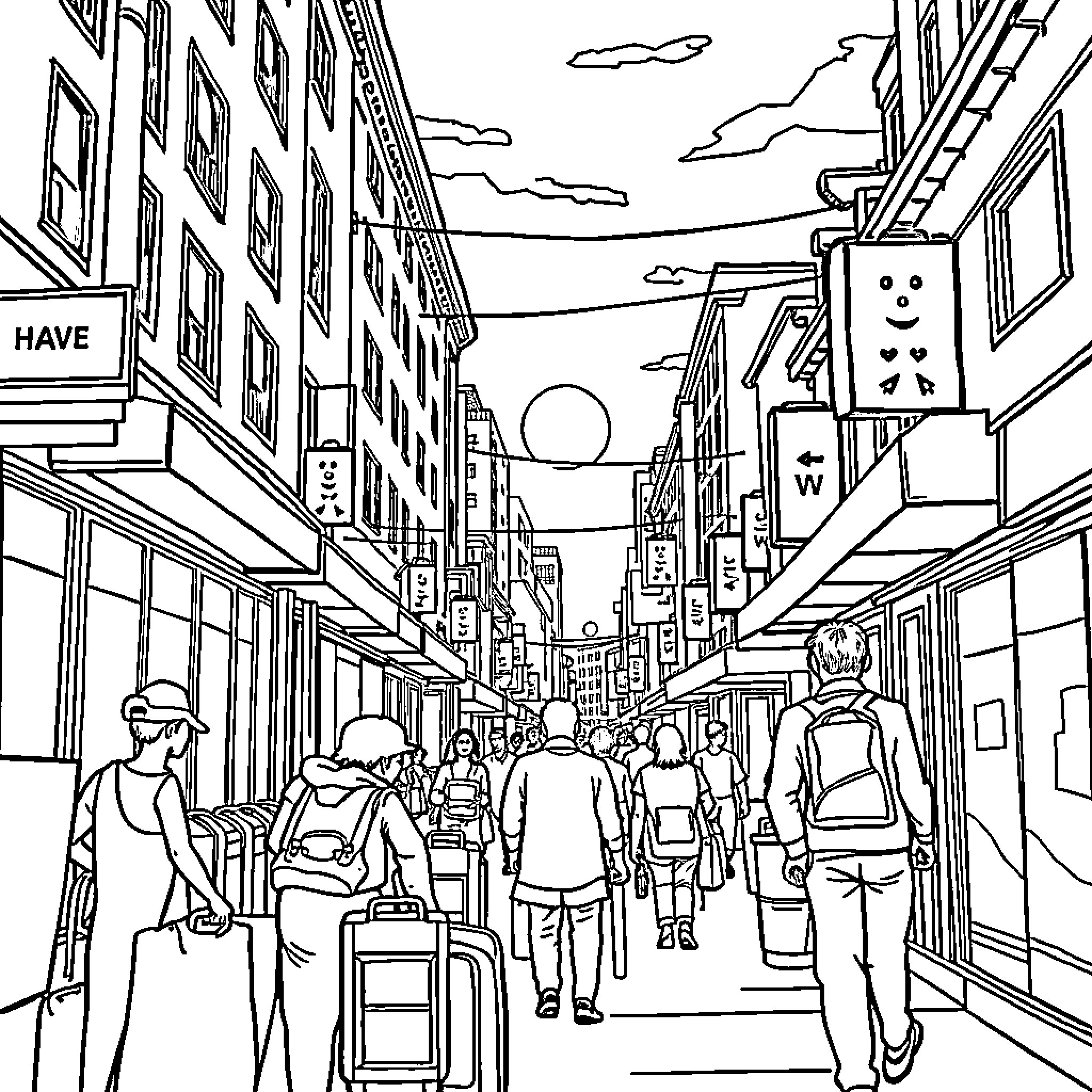 Wednesday crowds on a busy city street Coloring Page (free black-and-white line drawing printable PDF for all, from beginners to advanced learners, including children, teens, adults, and seniors)