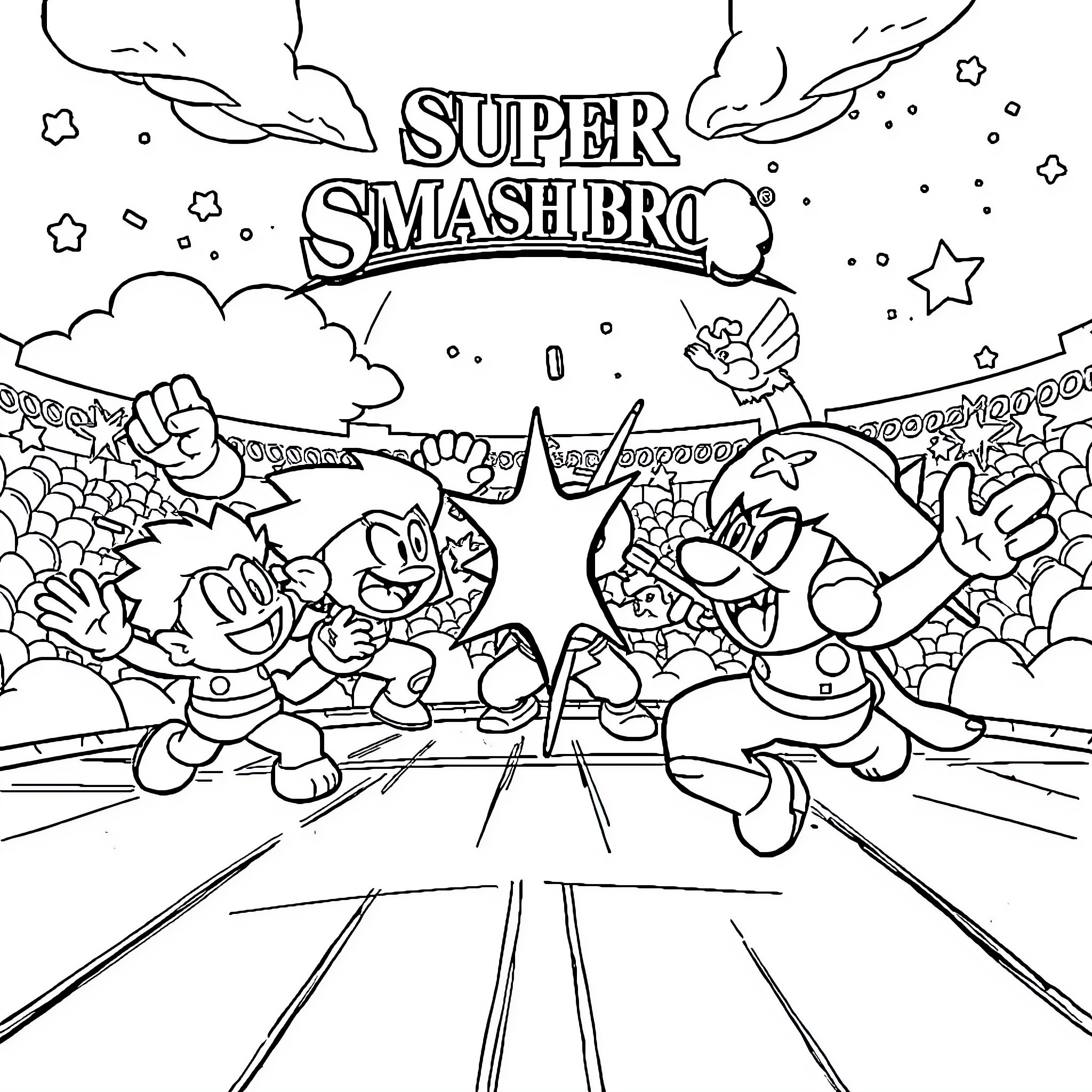 Brawl Stars characters in intense action Coloring Page (free black-and-white line drawing printable PDF for all, from beginners to advanced learners, including children, teens, adults, and seniors)