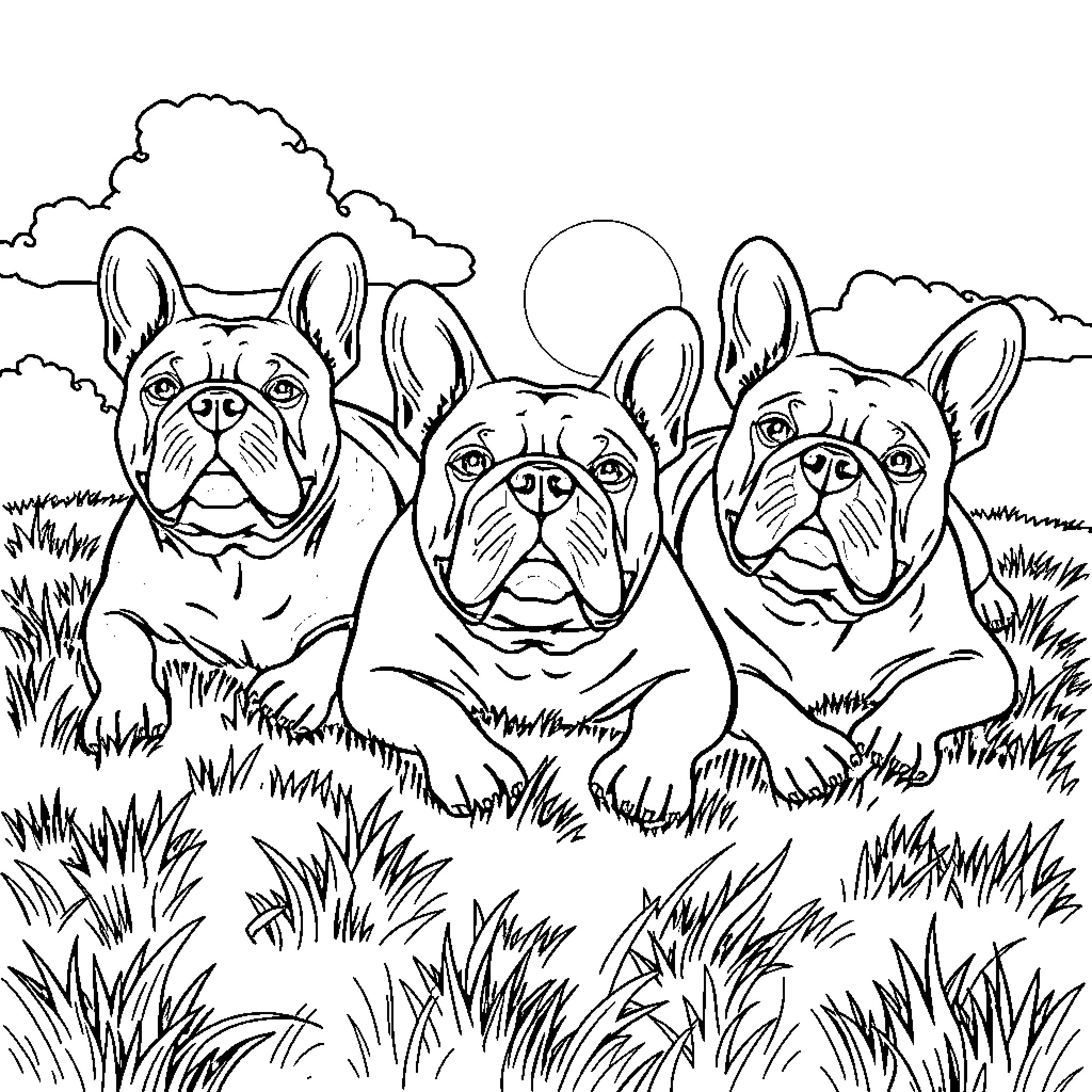 American Bulldogs playing in the grassy field Coloring Page (free black-and-white line drawing printable PDF for all, from beginners to advanced learners, including children, teens, adults, and seniors)