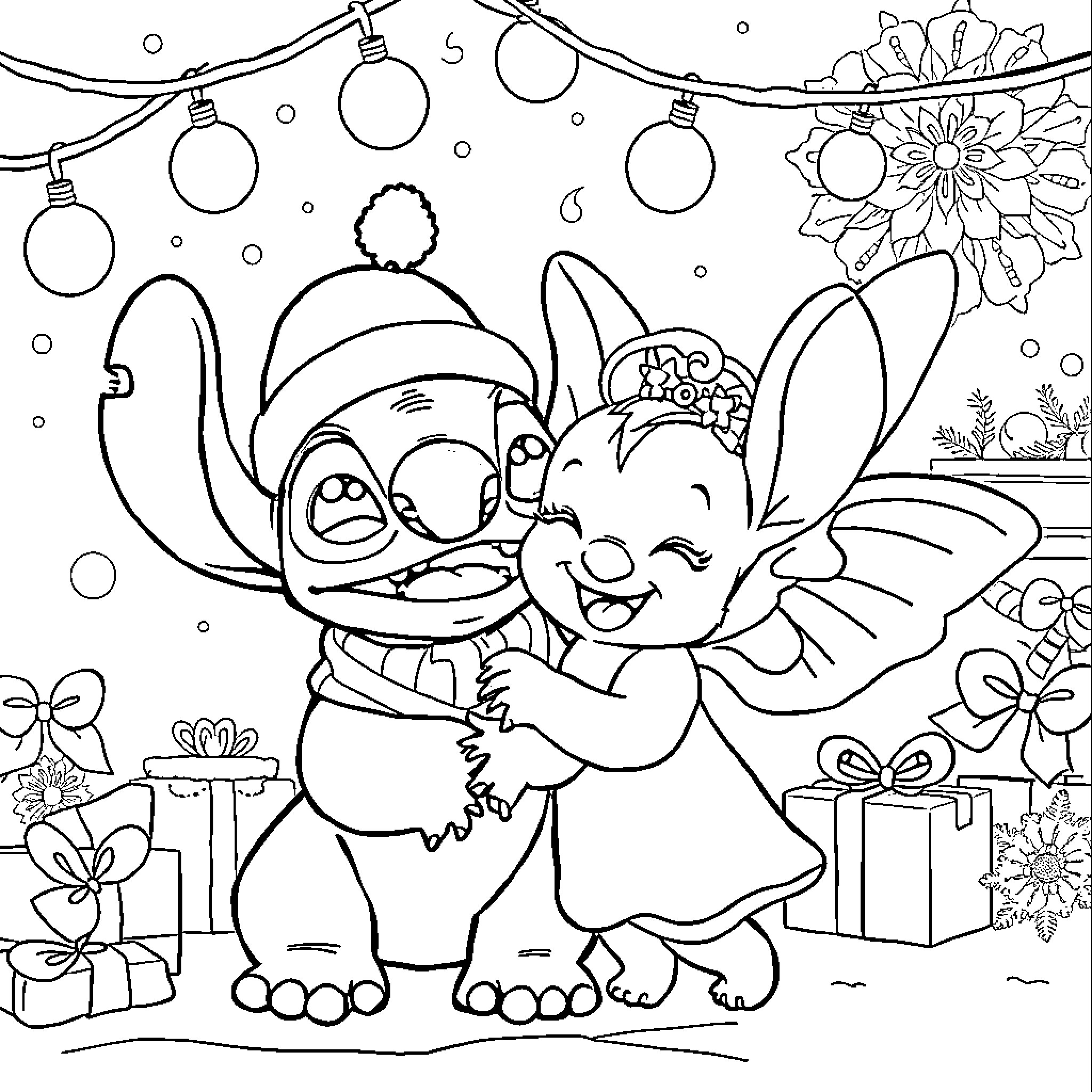 Stitch and Angel celebrate the holidays together Coloring Page (free black-and-white line drawing printable PDF for all, from beginners to advanced learners, including children, teens, adults, and seniors)