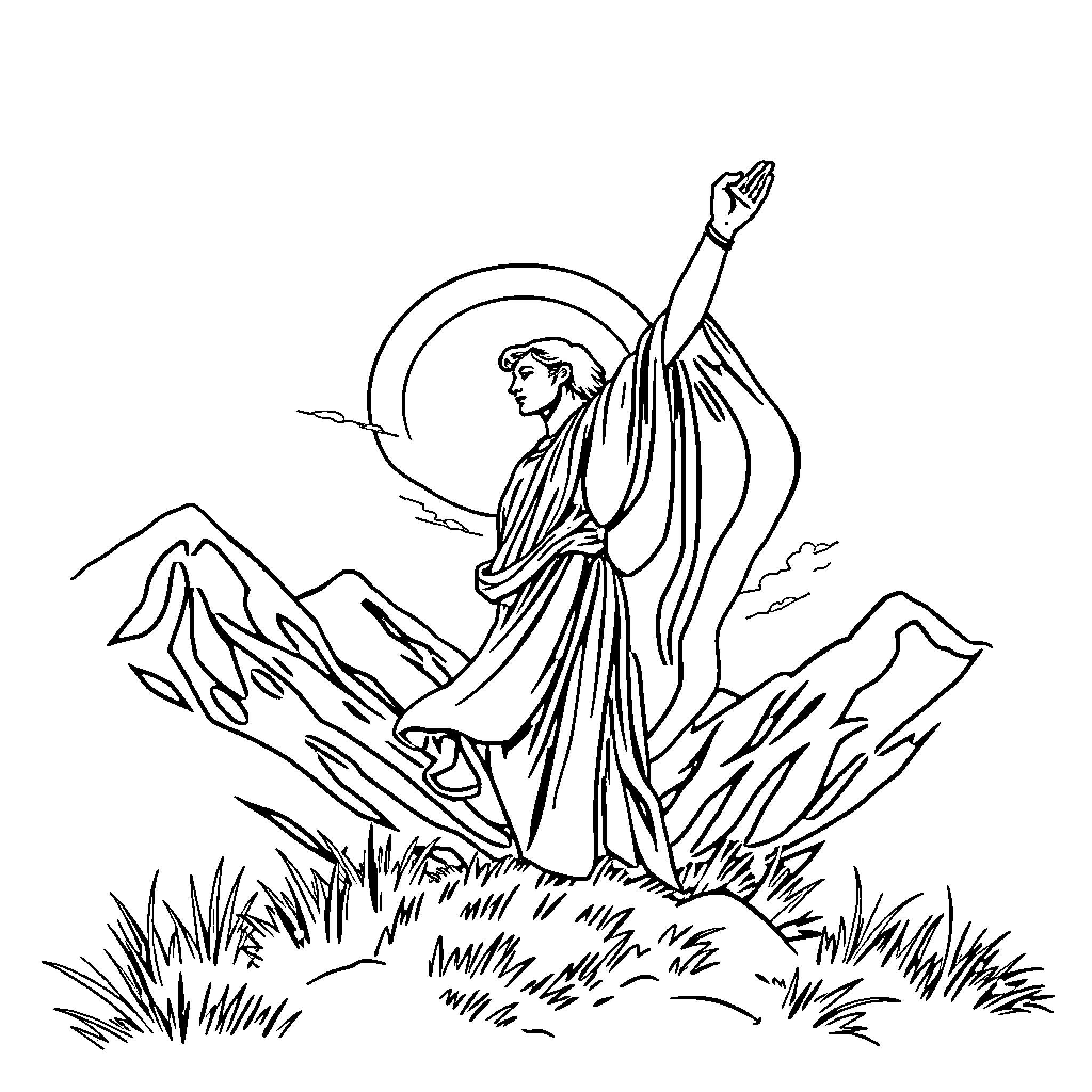 Independence Celebration in the Majestic Mountains Coloring Page (free black-and-white line drawing printable PDF for all, from beginners to advanced learners, including children, teens, adults, and seniors)