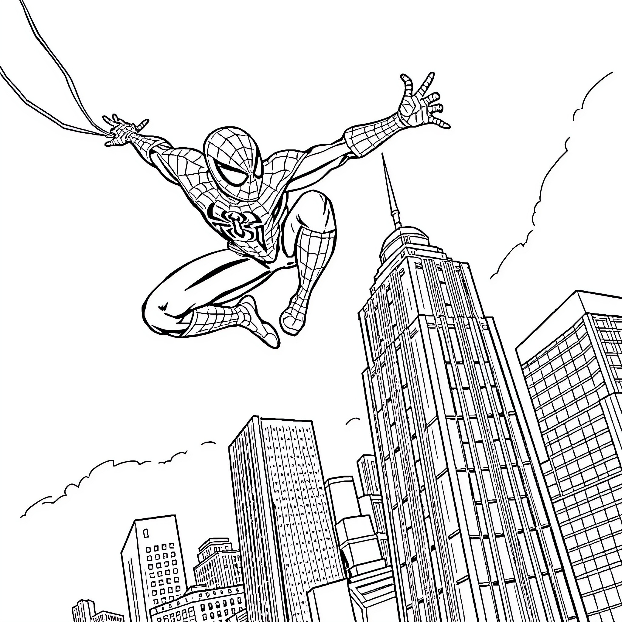 Spiderman swinging through the city skyline Coloring Page (free black-and-white line drawing printable PDF for all, from beginners to advanced learners, including children, teens, adults, and seniors)