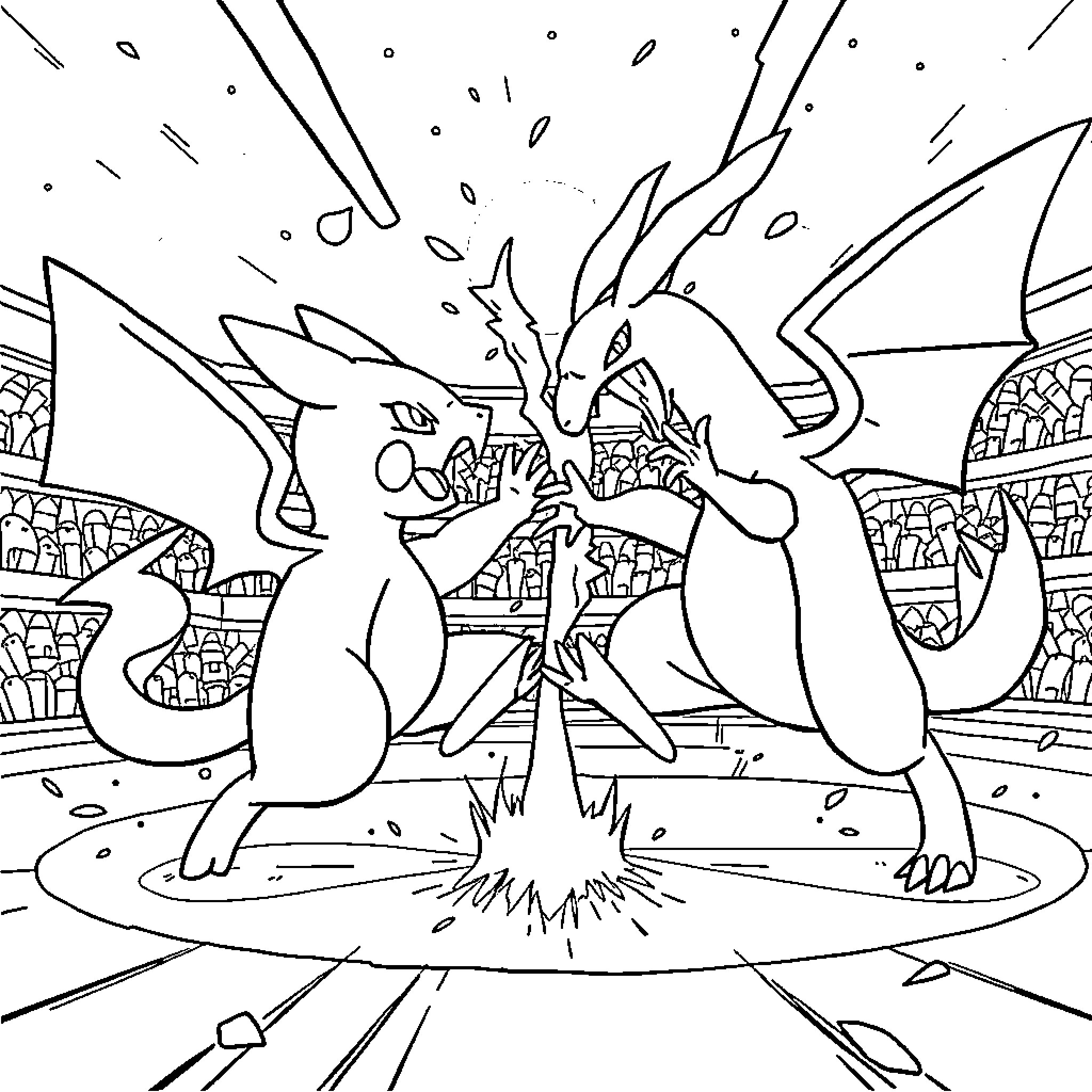 Pokémon battling fiercely in an intense match Coloring Page (free black-and-white line drawing printable PDF for all, from beginners to advanced learners, including children, teens, adults, and seniors)