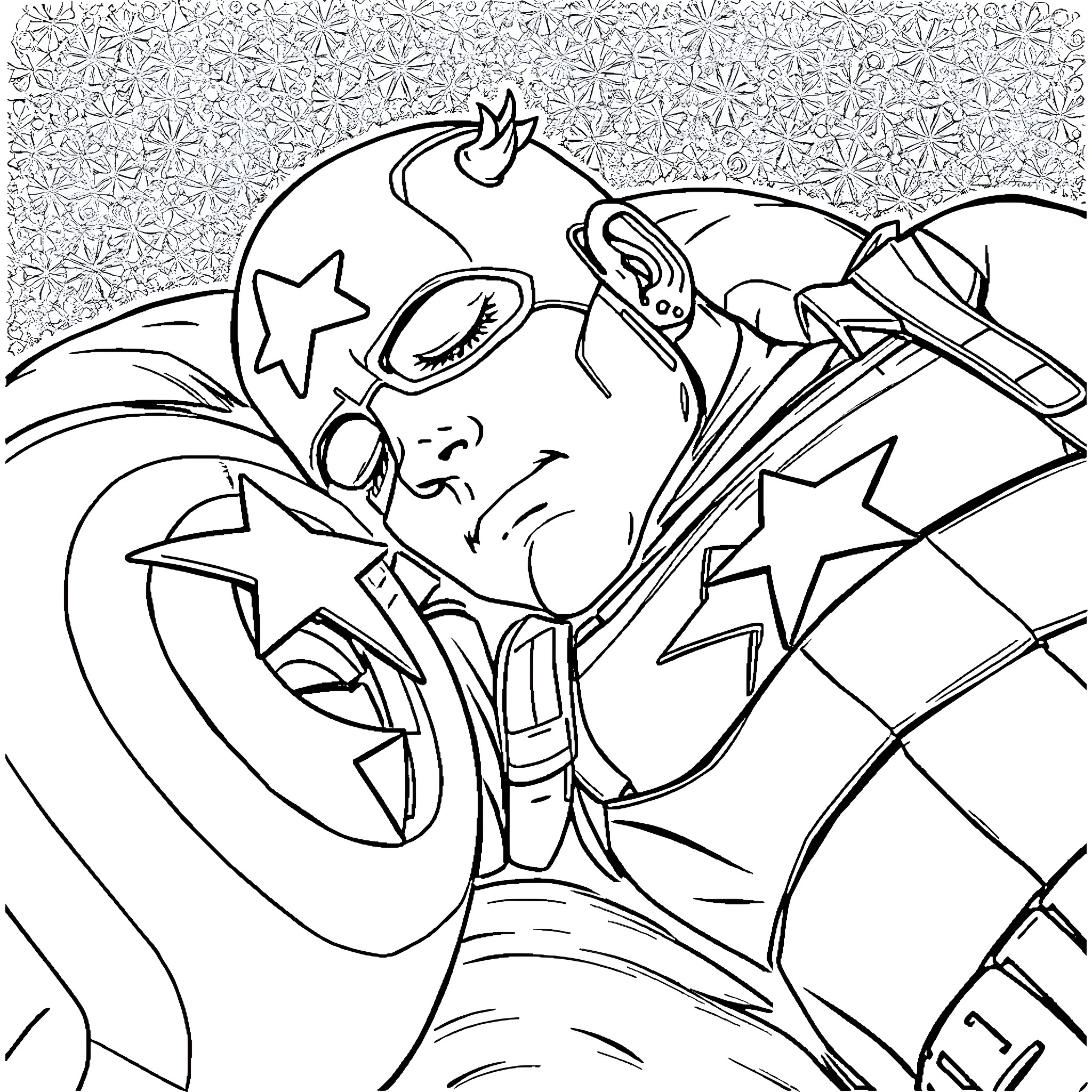 Captain America in heroic action with stars and shield Coloring Page (free black-and-white line drawing printable PDF for all, from beginners to advanced learners, including children, teens, adults, and seniors)