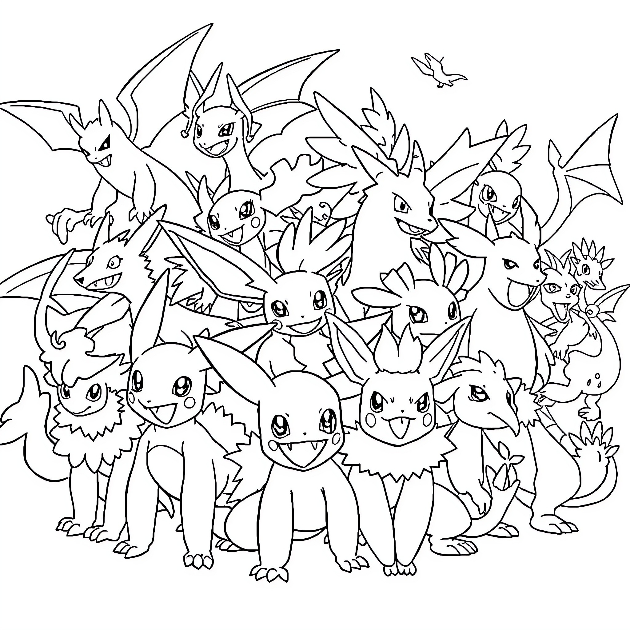 Pokémon characters gathered in a group Coloring Page (free black-and-white line drawing printable PDF for all, from beginners to advanced learners, including children, teens, adults, and seniors)