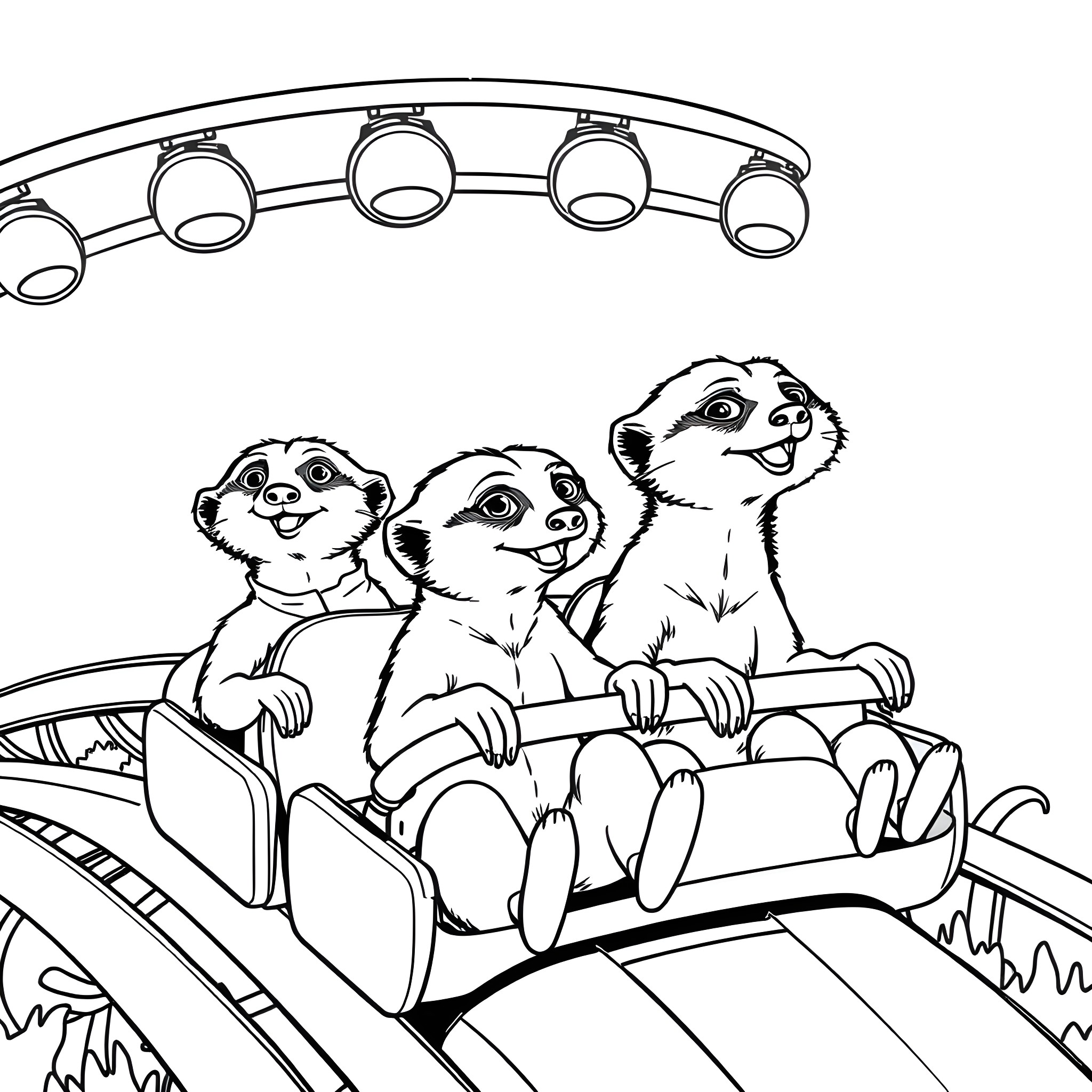 Meerkats enjoying a ride in a buggy Coloring Page (free black-and-white line drawing printable PDF for all, from beginners to advanced learners, including children, teens, adults, and seniors)