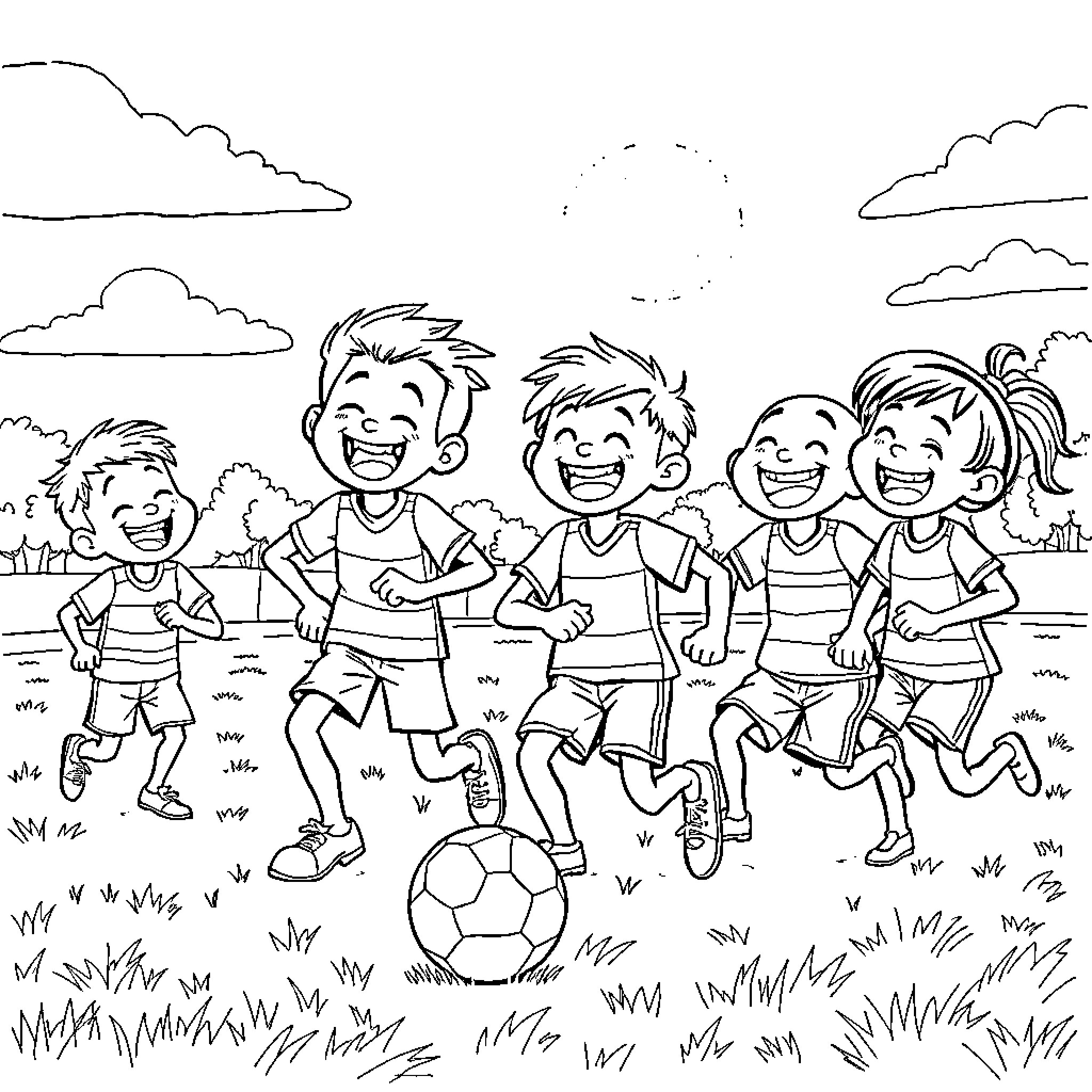 Ban Ban Children Playing Soccer Joyfully Outdoors Coloring Page (free black-and-white line drawing printable PDF for all, from beginners to advanced learners, including children, teens, adults, and seniors)