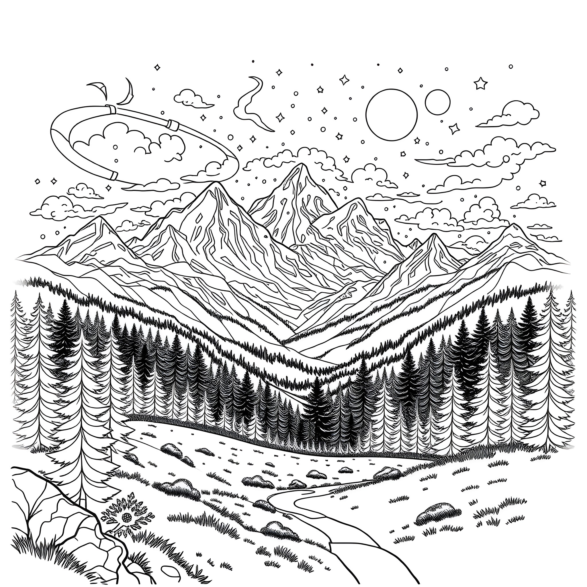 Nature's Majestic Landscape with Celestial Wonders Coloring Page (free black-and-white line drawing printable PDF for all, from beginners to advanced learners, including children, teens, adults, and seniors)