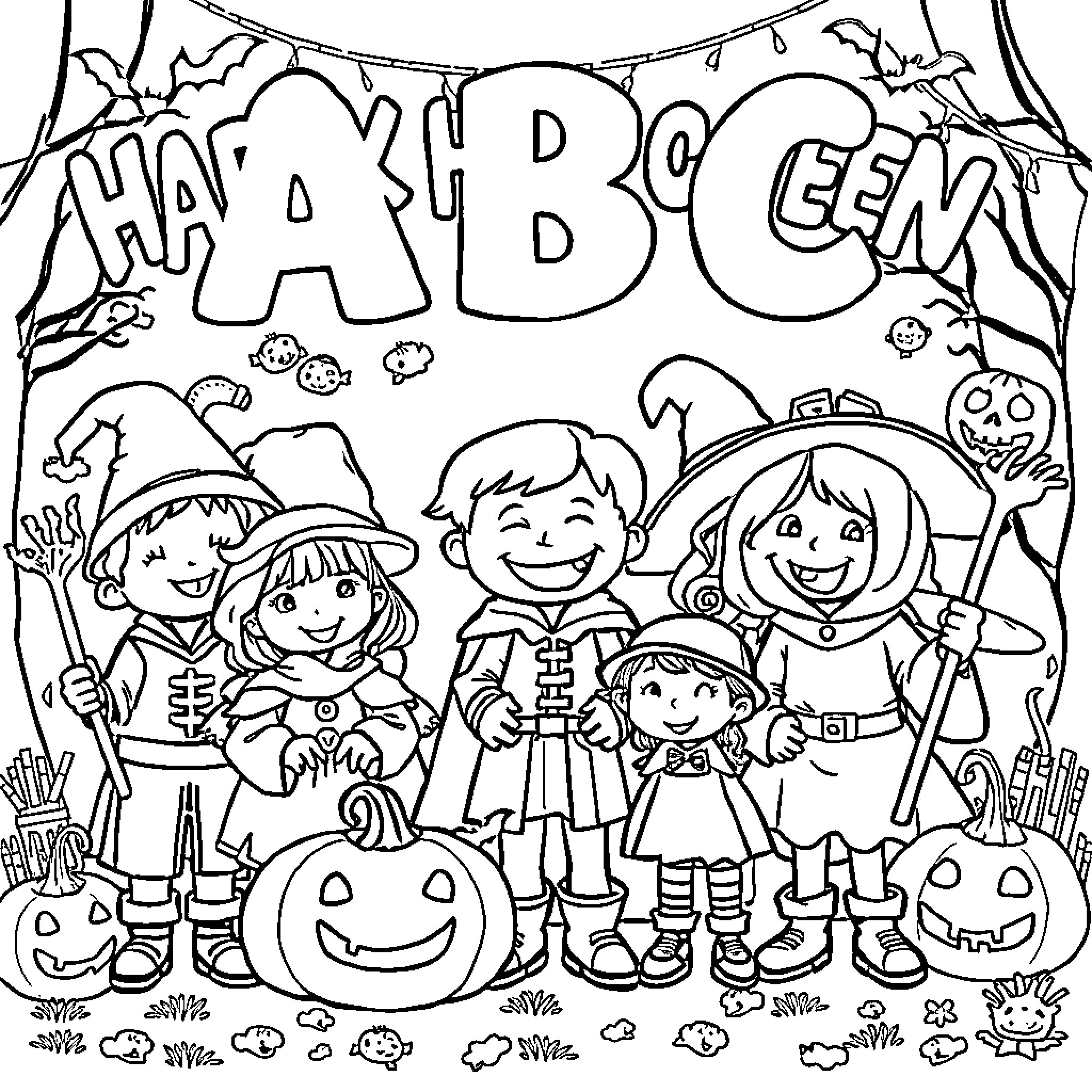 ABC Trick or Treat Kids Enjoying Halloween Coloring Page (free black-and-white line drawing printable PDF for all, from beginners to advanced learners, including children, teens, adults, and seniors)