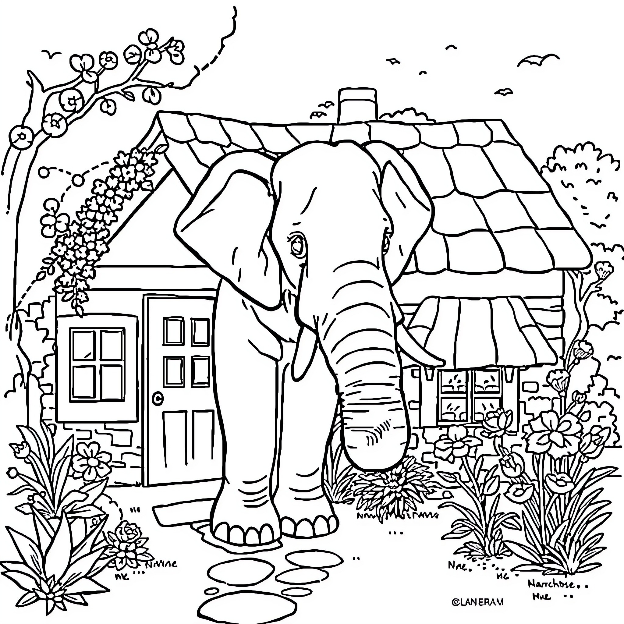 Elephant exploring a quaint cottage in the countryside Coloring Page (free black-and-white line drawing printable PDF for all, from beginners to advanced learners, including children, teens, adults, and seniors)