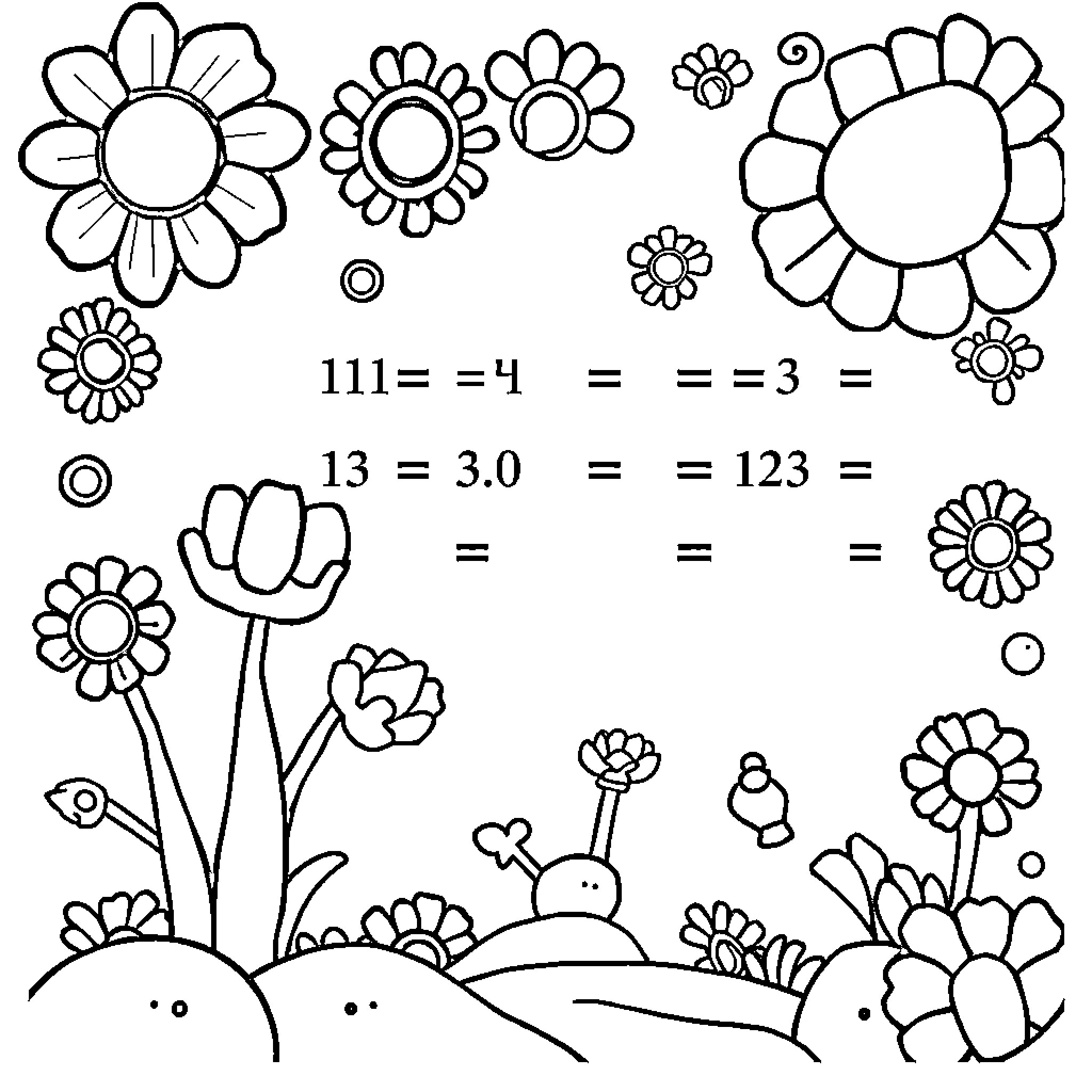 Math Problem with Floral Illustrations Coloring Page (free black-and-white line drawing printable PDF for all, from beginners to advanced learners, including children, teens, adults, and seniors)