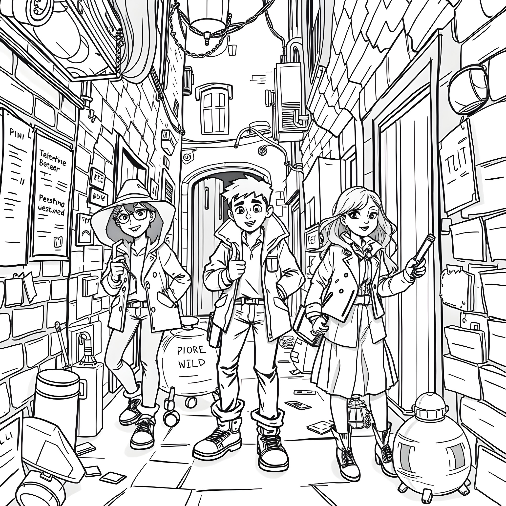 Detective trio traversing the bustling city streets Coloring Page (free black-and-white line drawing printable PDF for all, from beginners to advanced learners, including children, teens, adults, and seniors)