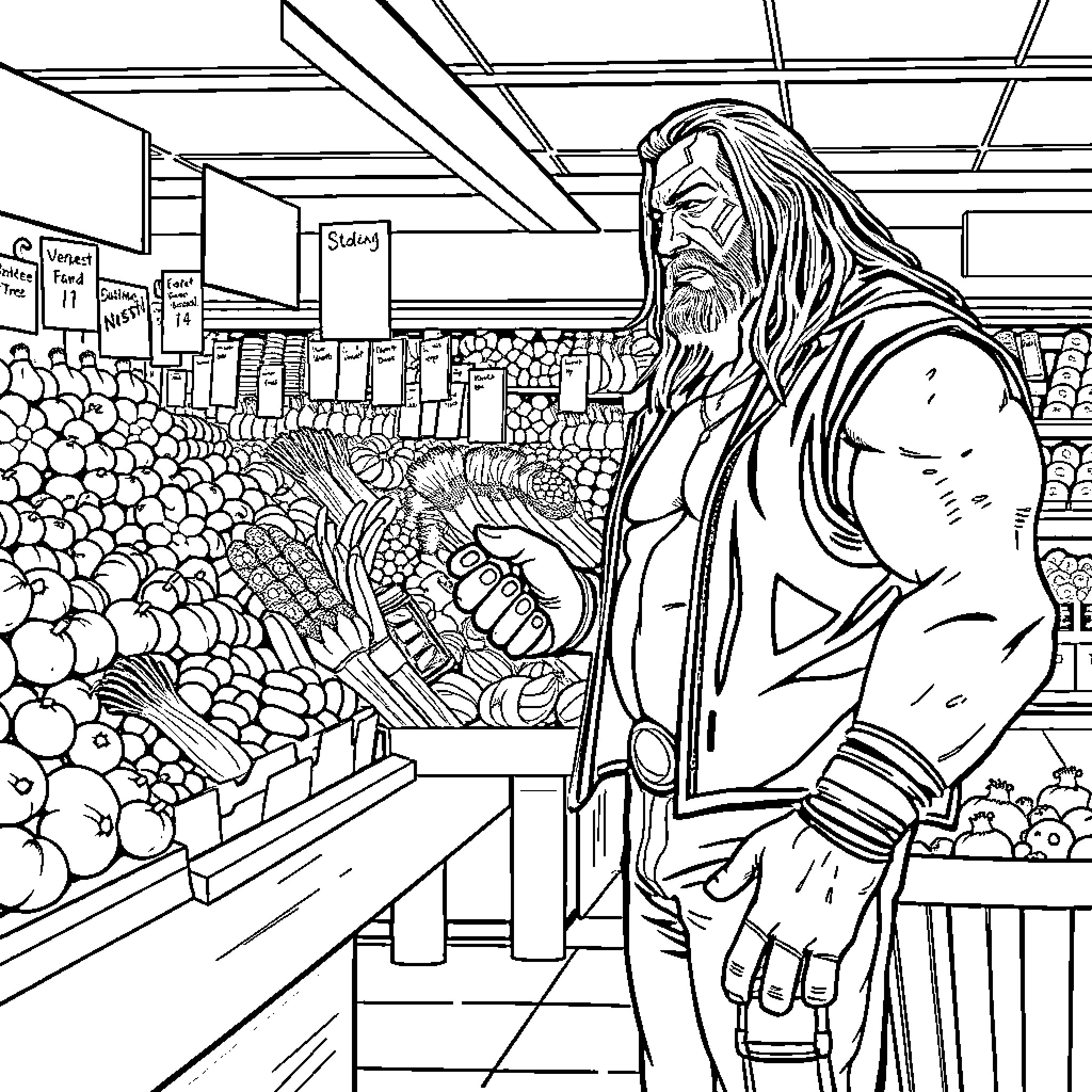 Wrestler examining grocery store shelves Coloring Page (free black-and-white line drawing printable PDF for all, from beginners to advanced learners, including children, teens, adults, and seniors)