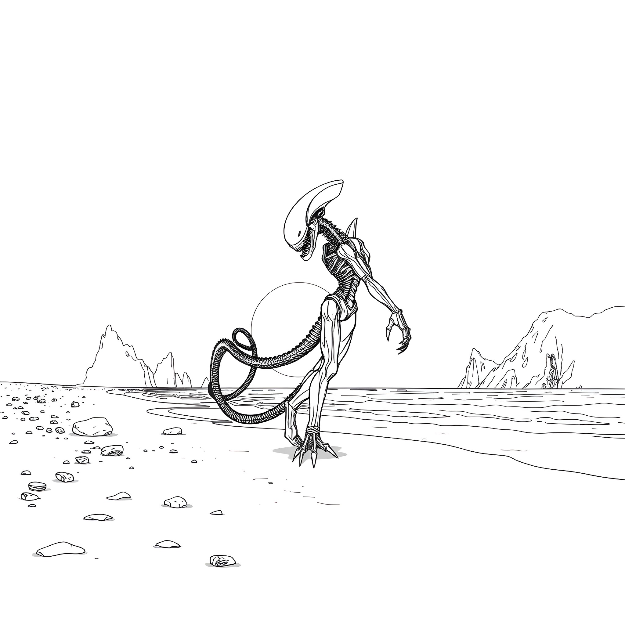 Alien creature exploring a strange landscape Coloring Page (free black-and-white line drawing printable PDF for all, from beginners to advanced learners, including children, teens, adults, and seniors)