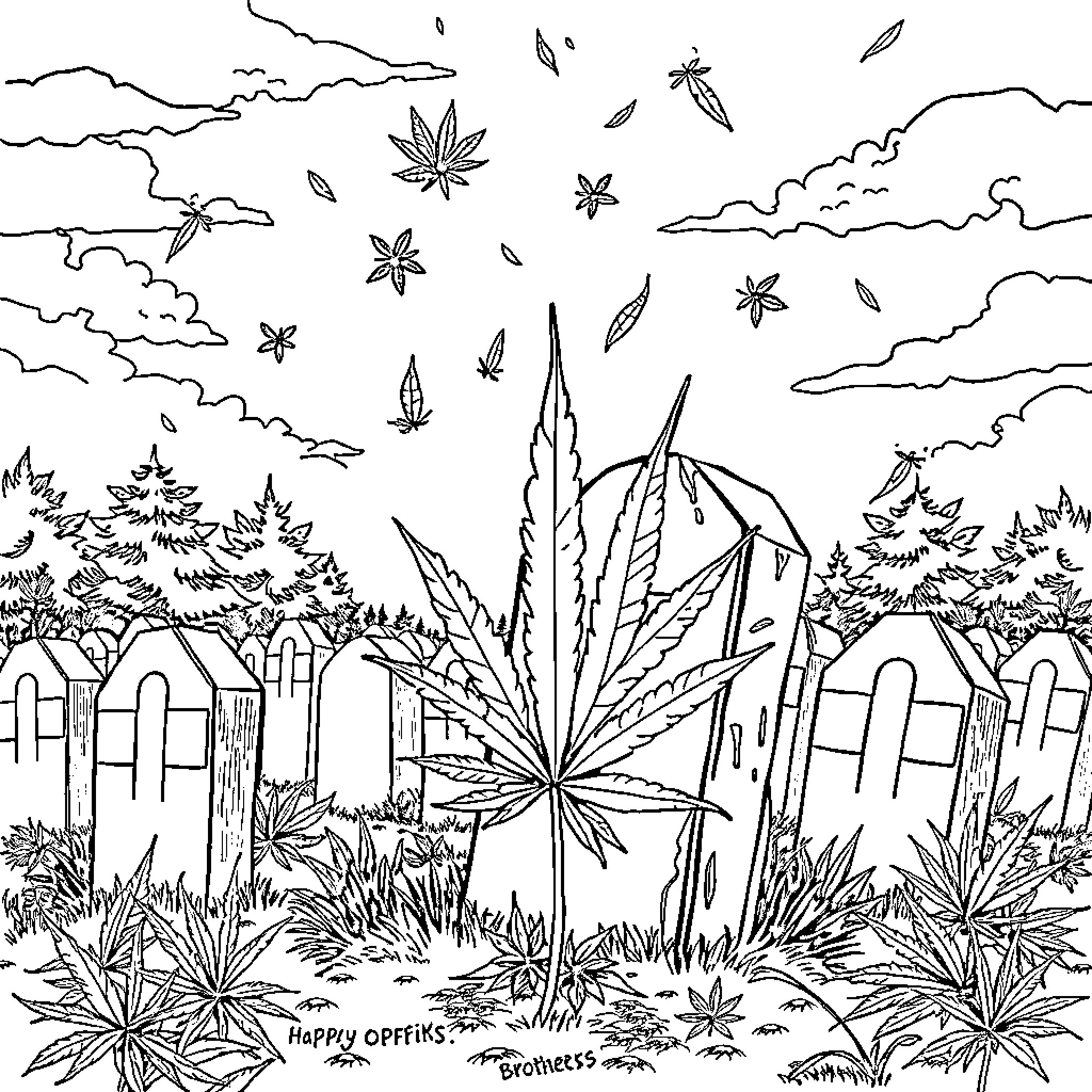 Marijuana plants thriving in a lush outdoor setting Coloring Page (free black-and-white line drawing printable PDF for all, from beginners to advanced learners, including children, teens, adults, and seniors)
