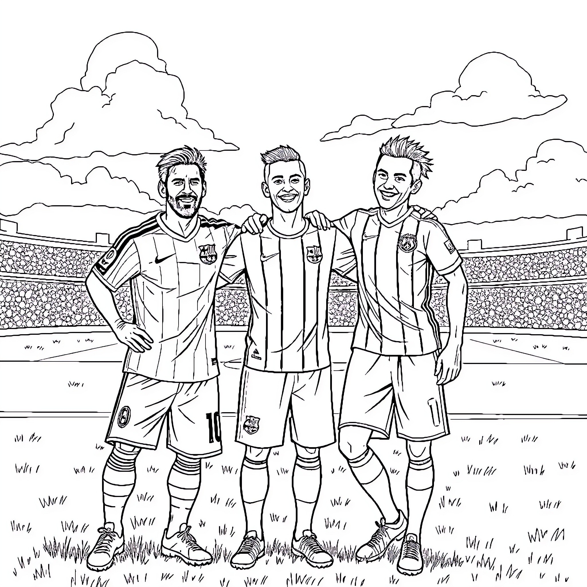 Soccer Players Posing Together on the Field Coloring Page (free black-and-white line drawing printable PDF for all, from beginners to advanced learners, including children, teens, adults, and seniors)