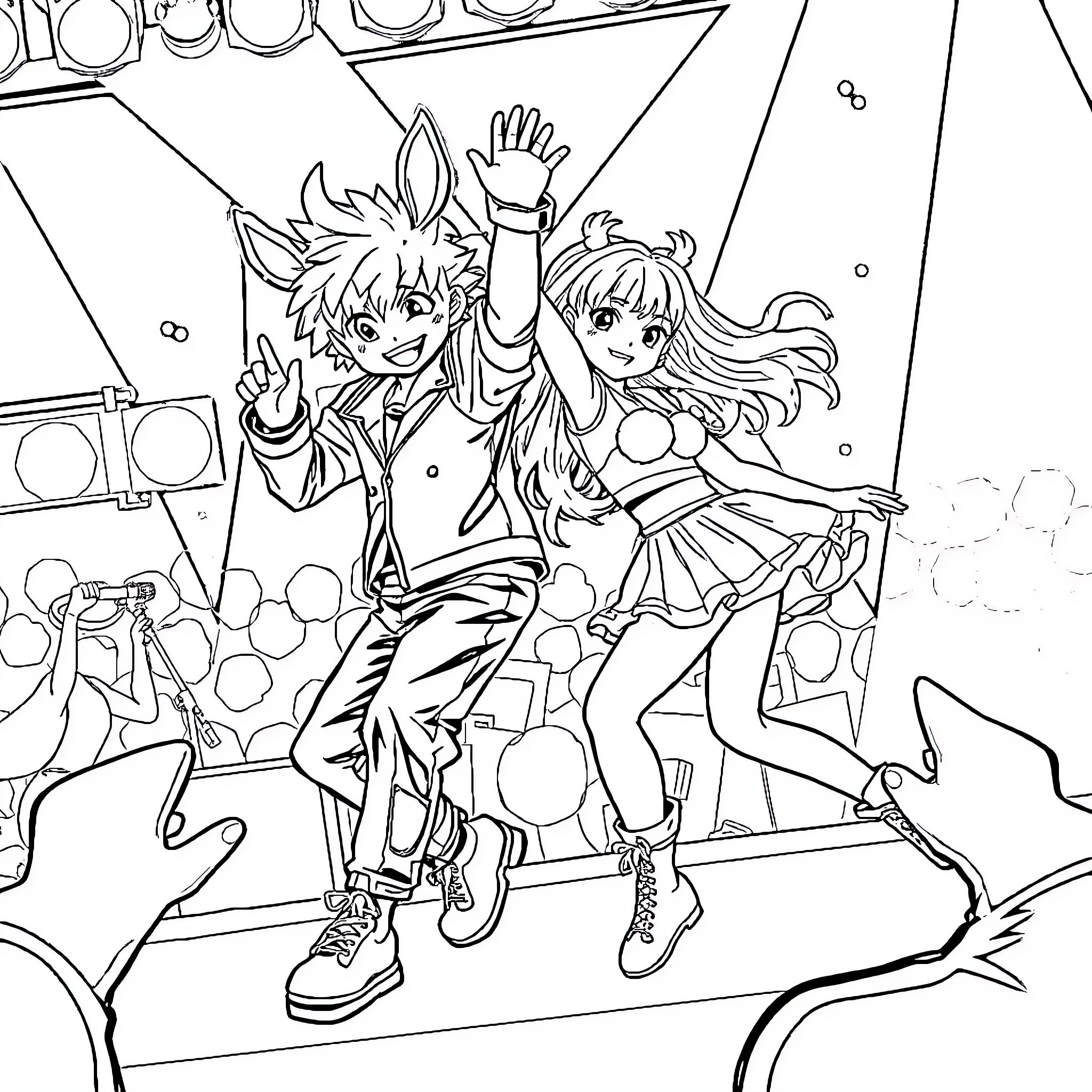 Labubu's Lively Performance on Stage Coloring Page (free black-and-white line drawing printable PDF for all, from beginners to advanced learners, including children, teens, adults, and seniors)