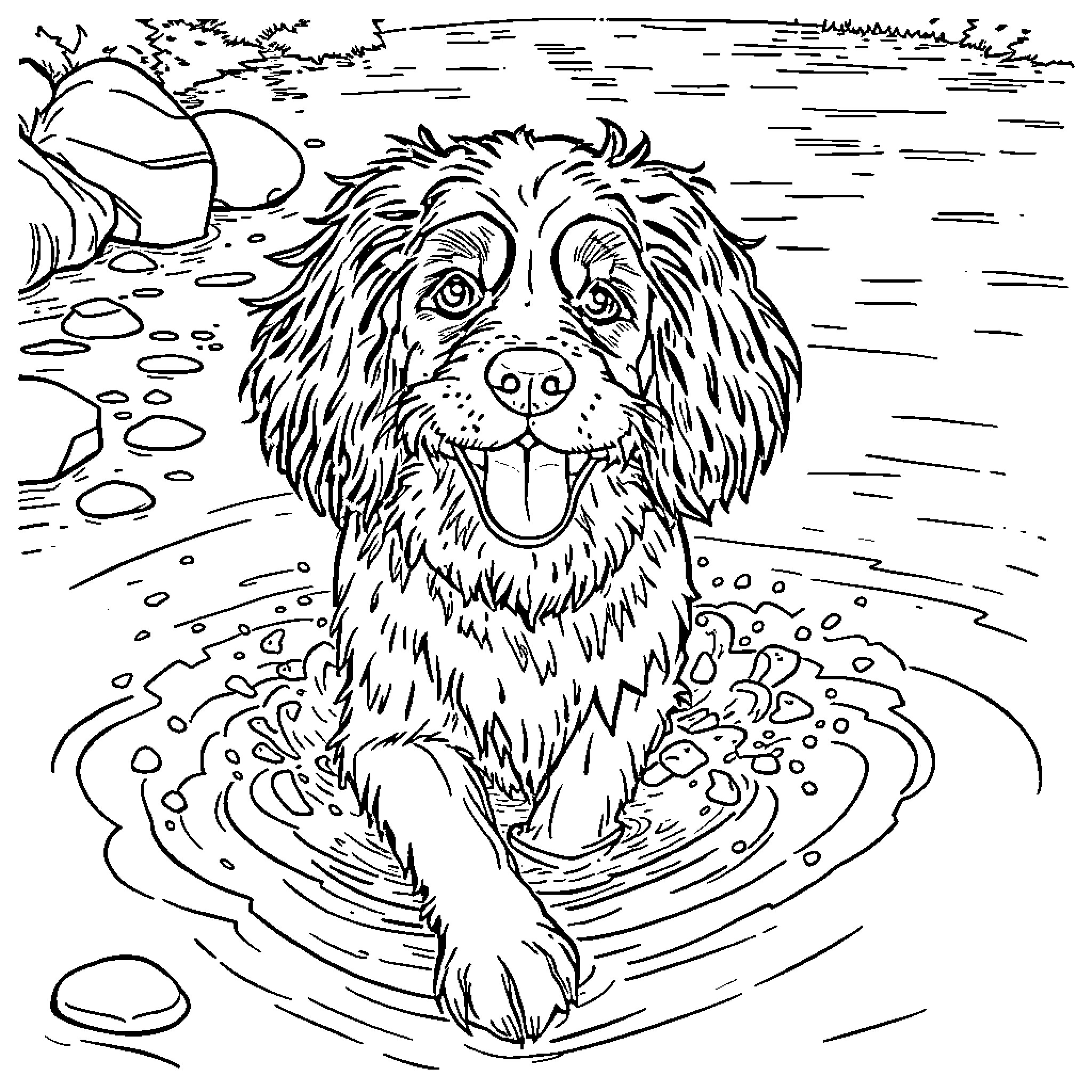 Cocker Spaniel splashing happily in the water Coloring Page (free black-and-white line drawing printable PDF for all, from beginners to advanced learners, including children, teens, adults, and seniors)