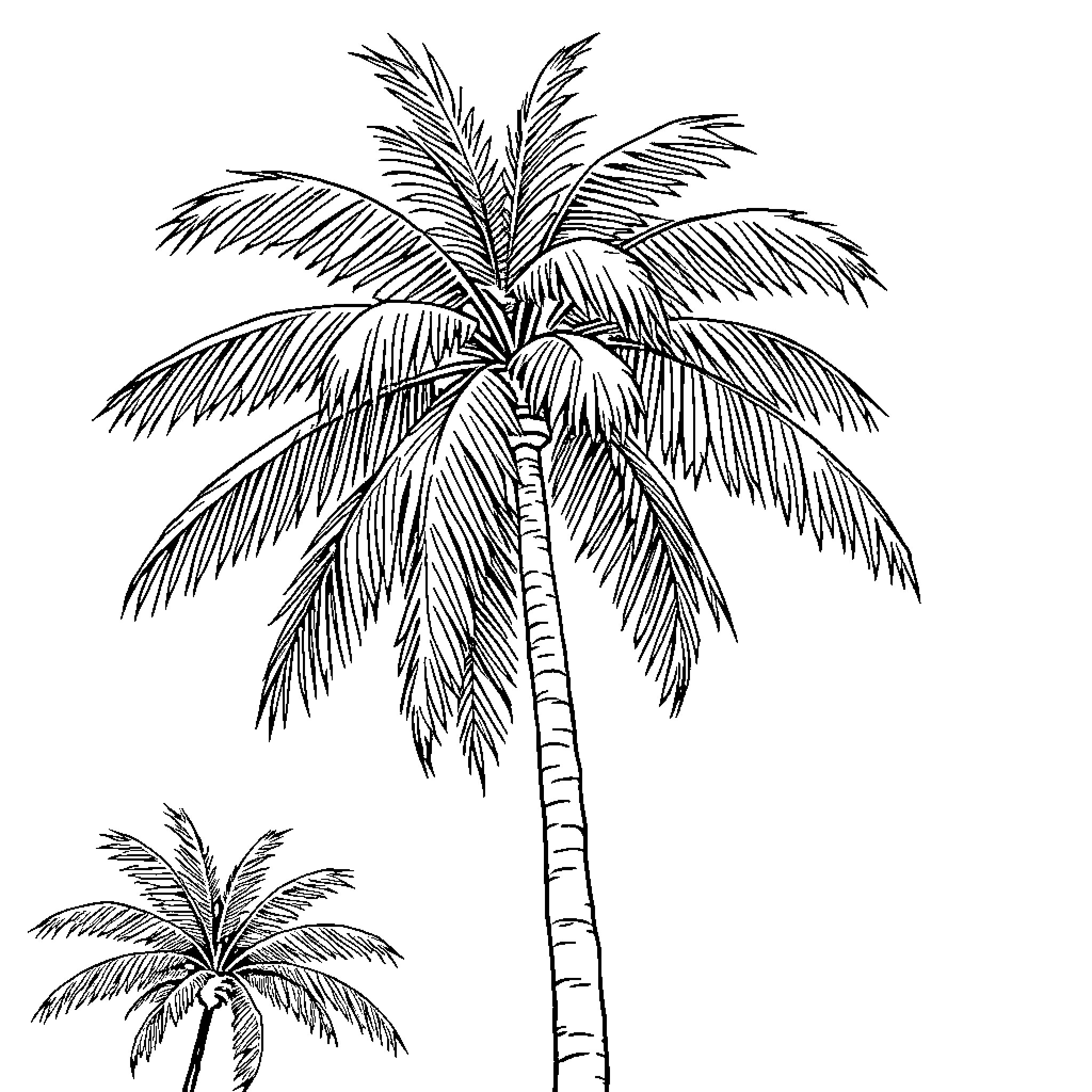Palm Tree illustration with detailed leaves Coloring Page (free black-and-white line drawing printable PDF for all, from beginners to advanced learners, including children, teens, adults, and seniors)