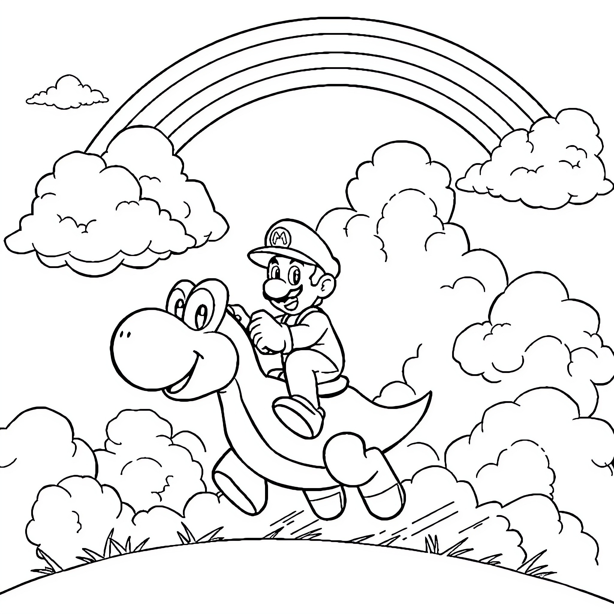 Mario riding happily on Yoshi under rainbow clouds Coloring Page (free black-and-white line drawing printable PDF for all, from beginners to advanced learners, including children, teens, adults, and seniors)