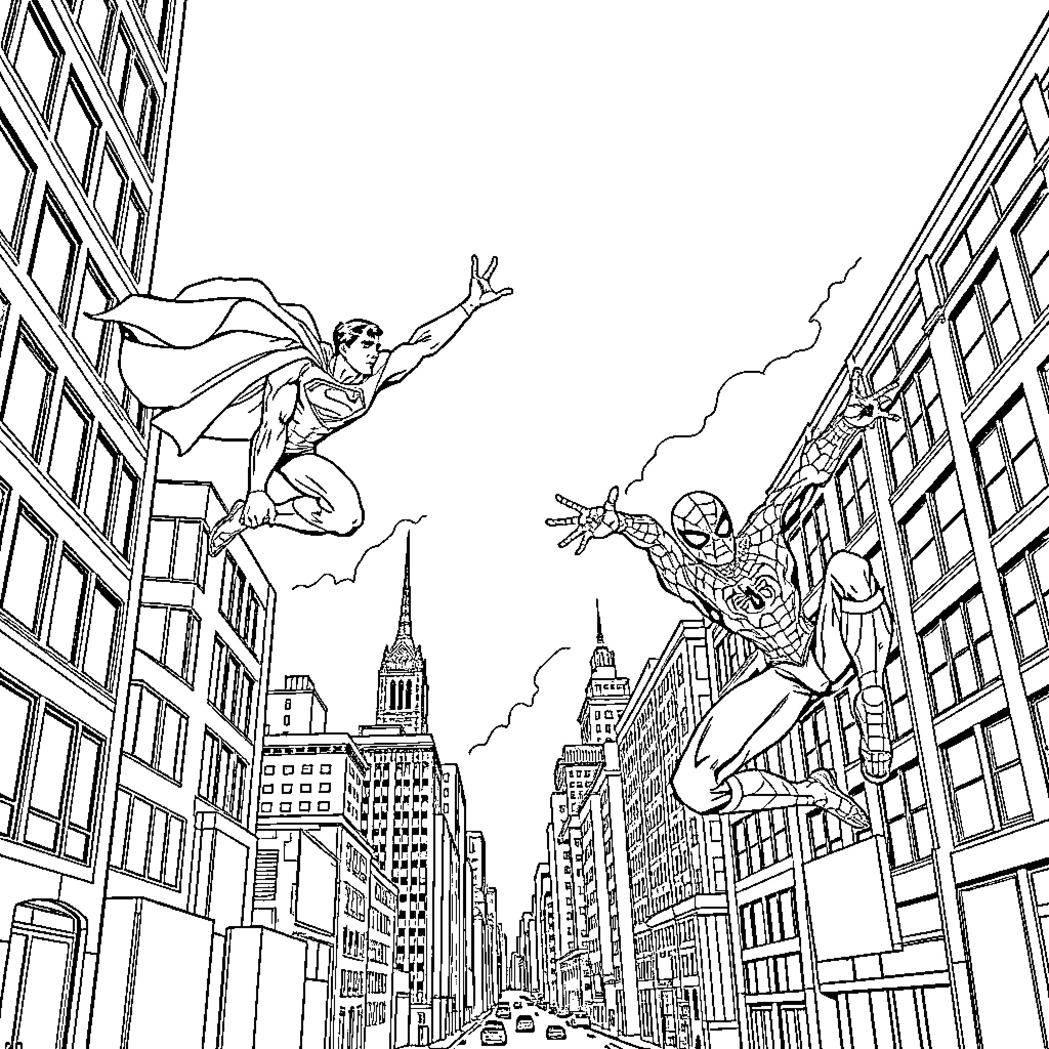 Superman and Spider-Man heroically soar over the city skyline Coloring Page (free black-and-white line drawing printable PDF for all, from beginners to advanced learners, including children, teens, adults, and seniors)