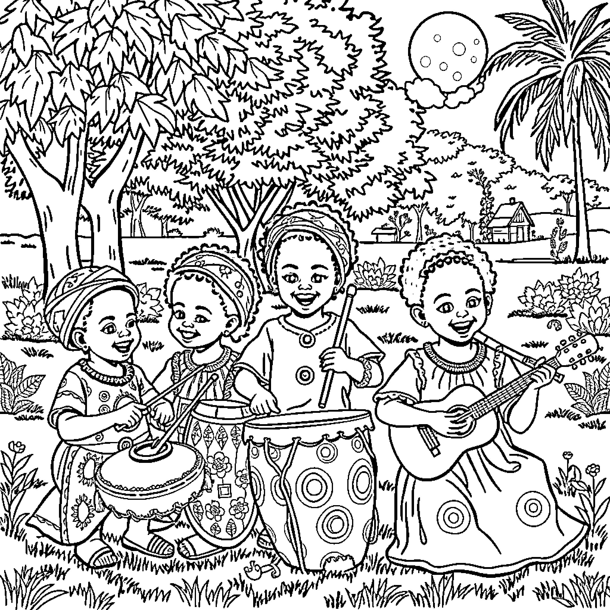 Child musicians playing joyful instruments in nature Coloring Page (free black-and-white line drawing printable PDF for all, from beginners to advanced learners, including children, teens, adults, and seniors)