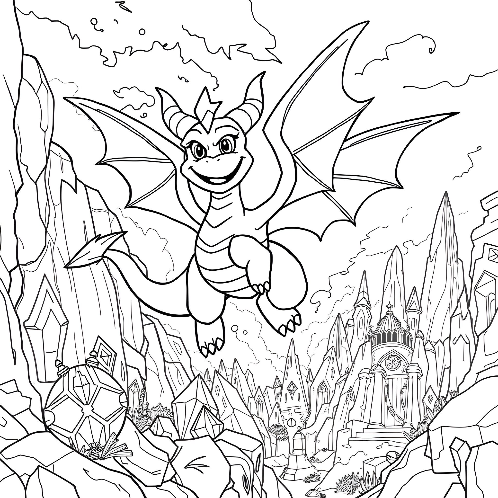 Spyro the Dragon soaring over a magical fantasy landscape Coloring Page (free black-and-white line drawing printable PDF for all, from beginners to advanced learners, including children, teens, adults, and seniors)