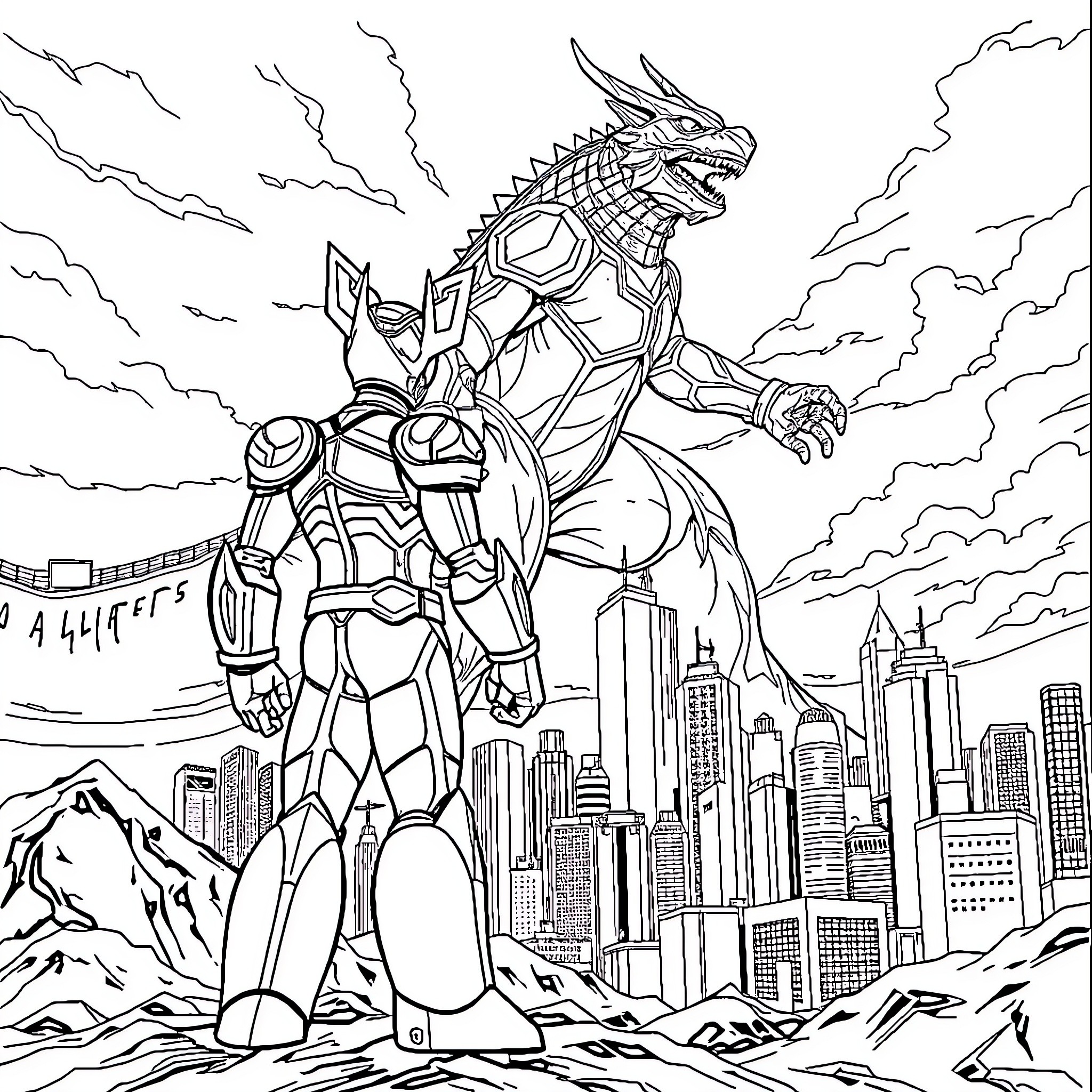 Ultraman Battles Colossal Mechanical Beast in Cityscape Coloring Page (free black-and-white line drawing printable PDF for all, from beginners to advanced learners, including children, teens, adults, and seniors)