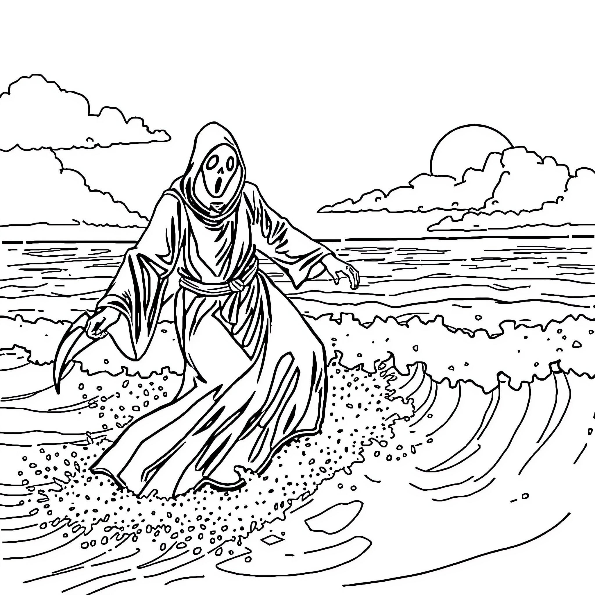 Ghostface Terrorizing the Stormy Seas Coloring Page (free black-and-white line drawing printable PDF for all, from beginners to advanced learners, including children, teens, adults, and seniors)