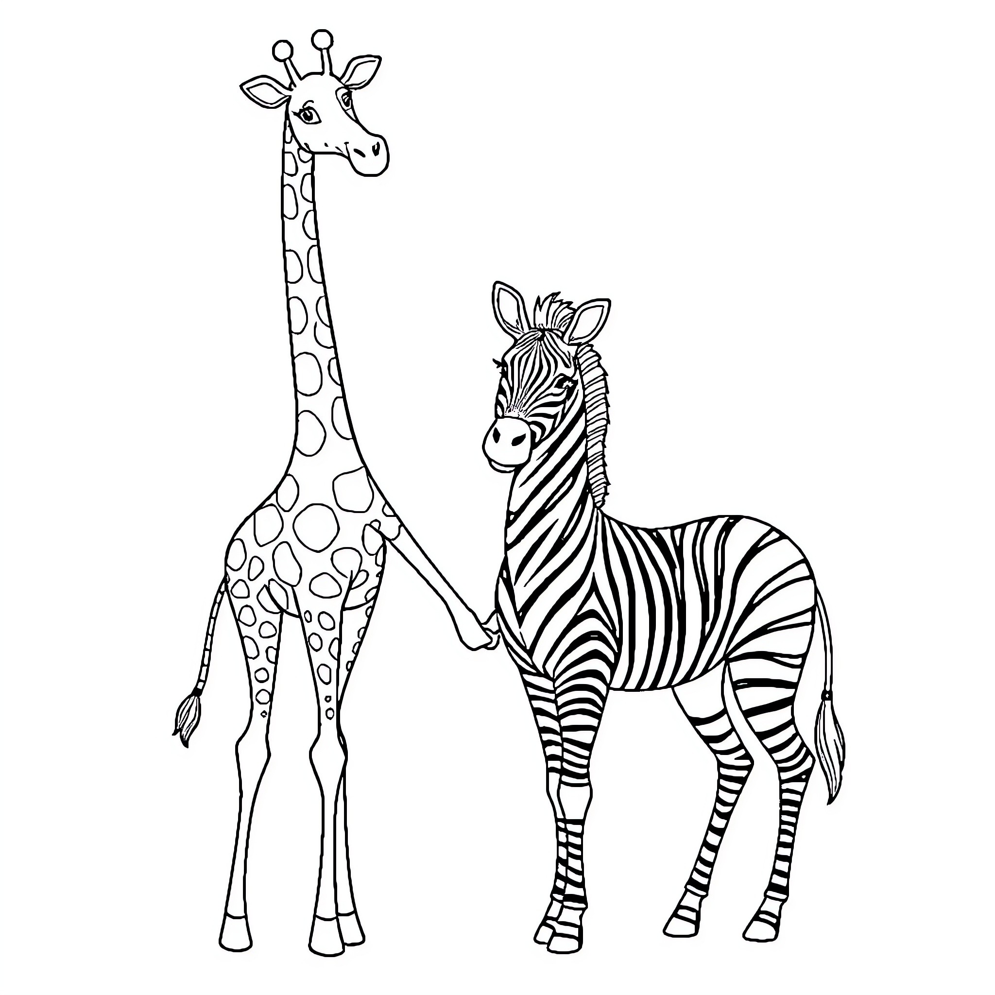 Giraffe and zebra standing together Coloring Page (free black-and-white line drawing printable PDF for all, from beginners to advanced learners, including children, teens, adults, and seniors)
