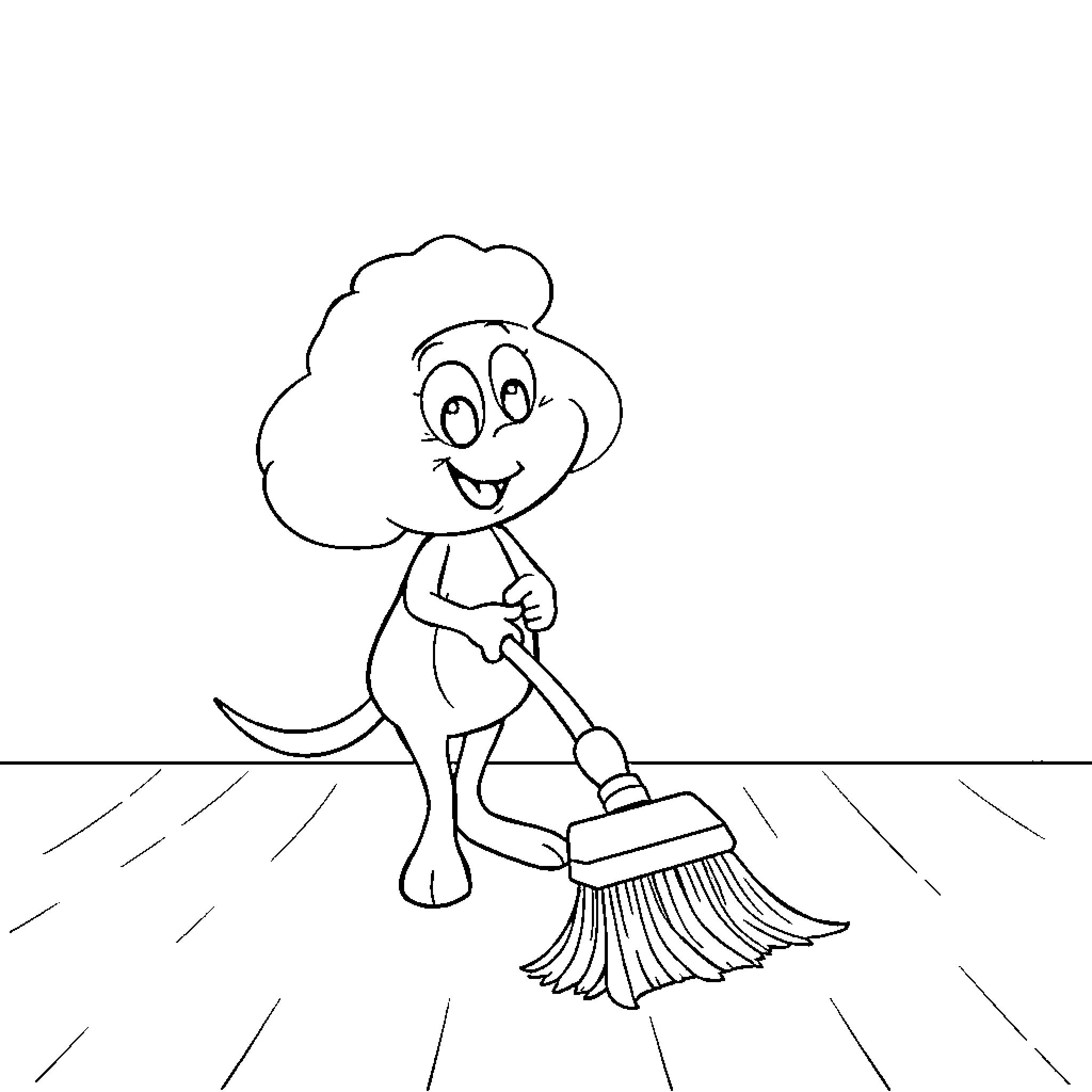 Cornebidouille sweeping the floor cheerfully Coloring Page (free black-and-white line drawing printable PDF for all, from beginners to advanced learners, including children, teens, adults, and seniors)