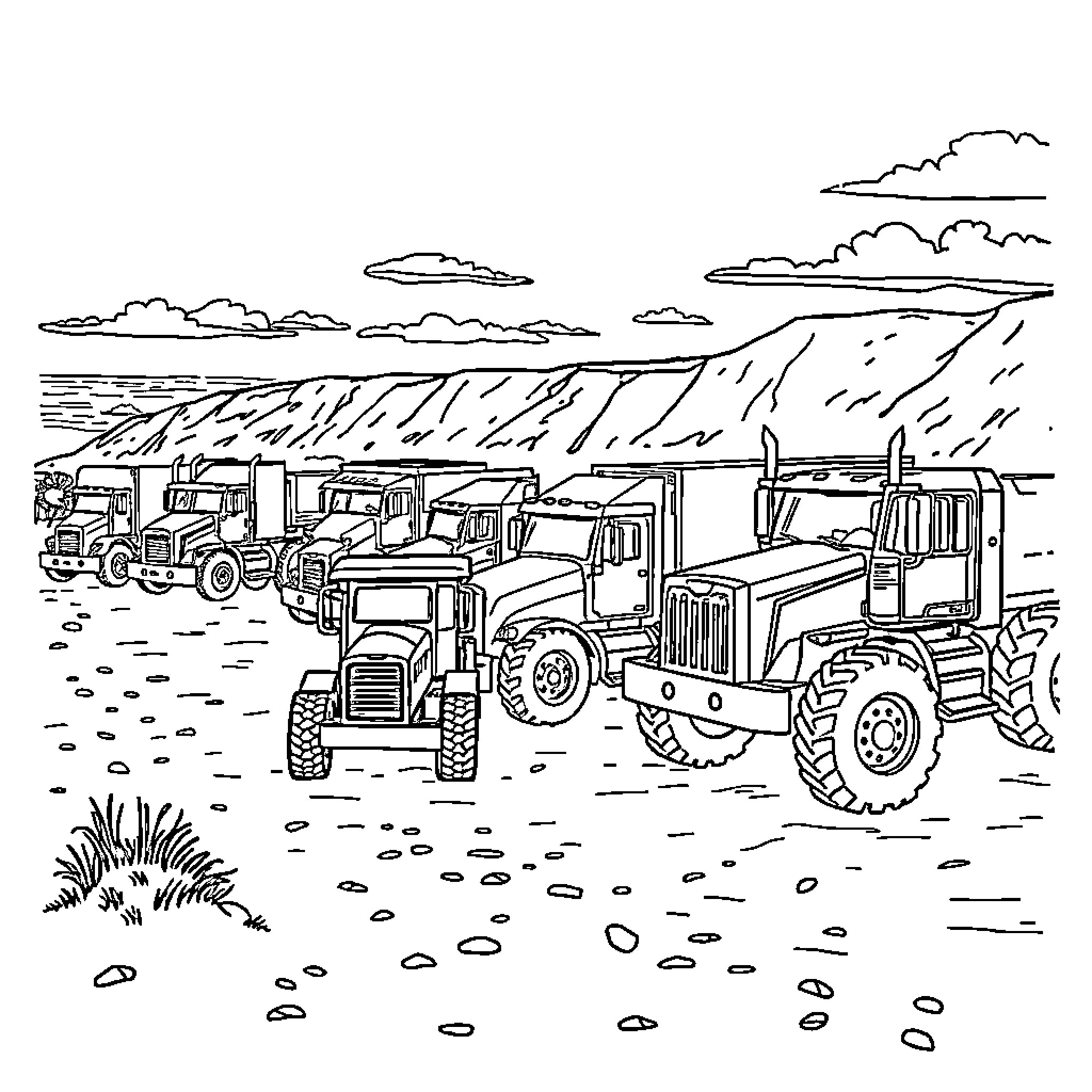 Truck convoy transporting goods through rugged terrain Coloring Page (free black-and-white line drawing printable PDF for all, from beginners to advanced learners, including children, teens, adults, and seniors)
