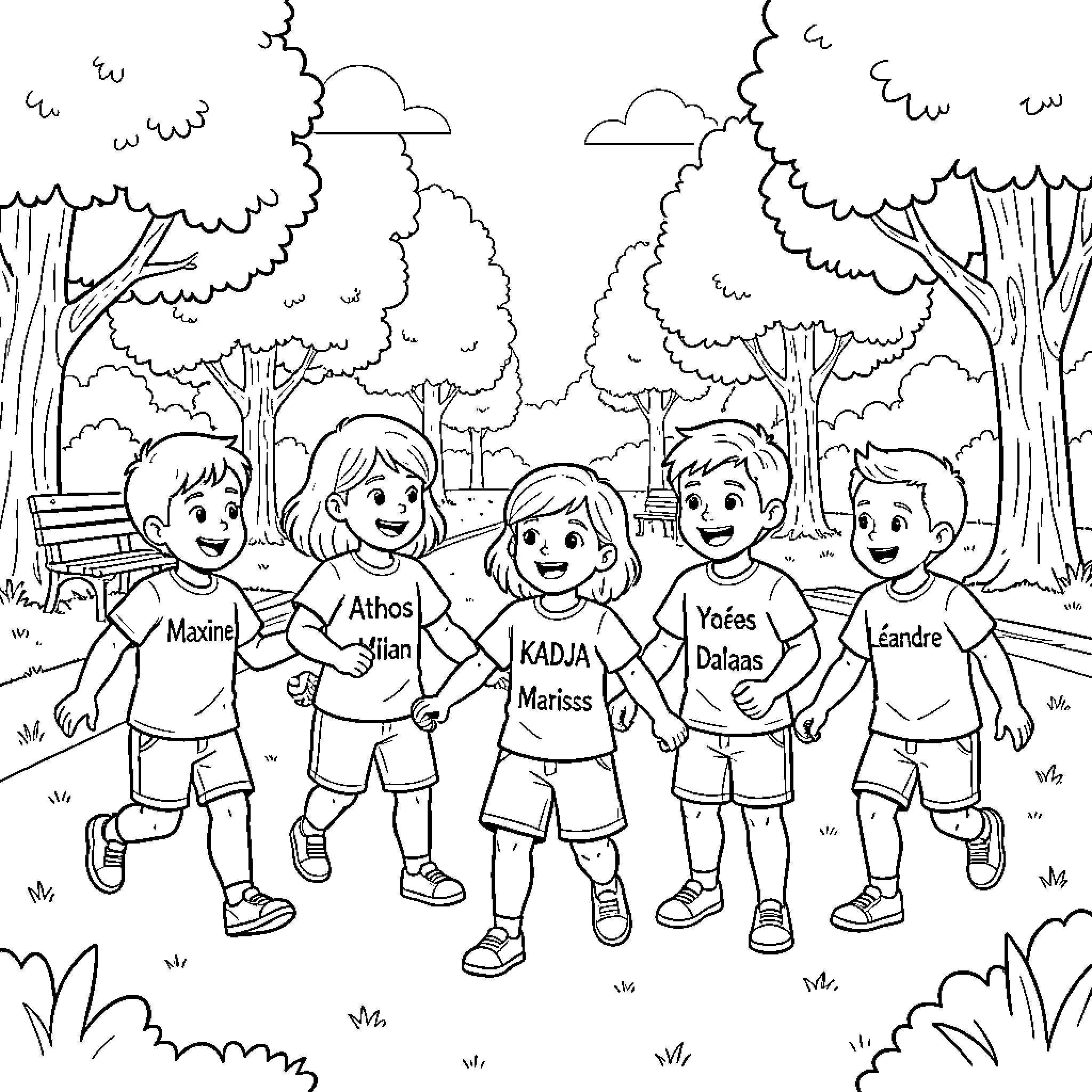 Child group holding hands while walking in the park Coloring Page (free black-and-white line drawing printable PDF for all, from beginners to advanced learners, including children, teens, adults, and seniors)