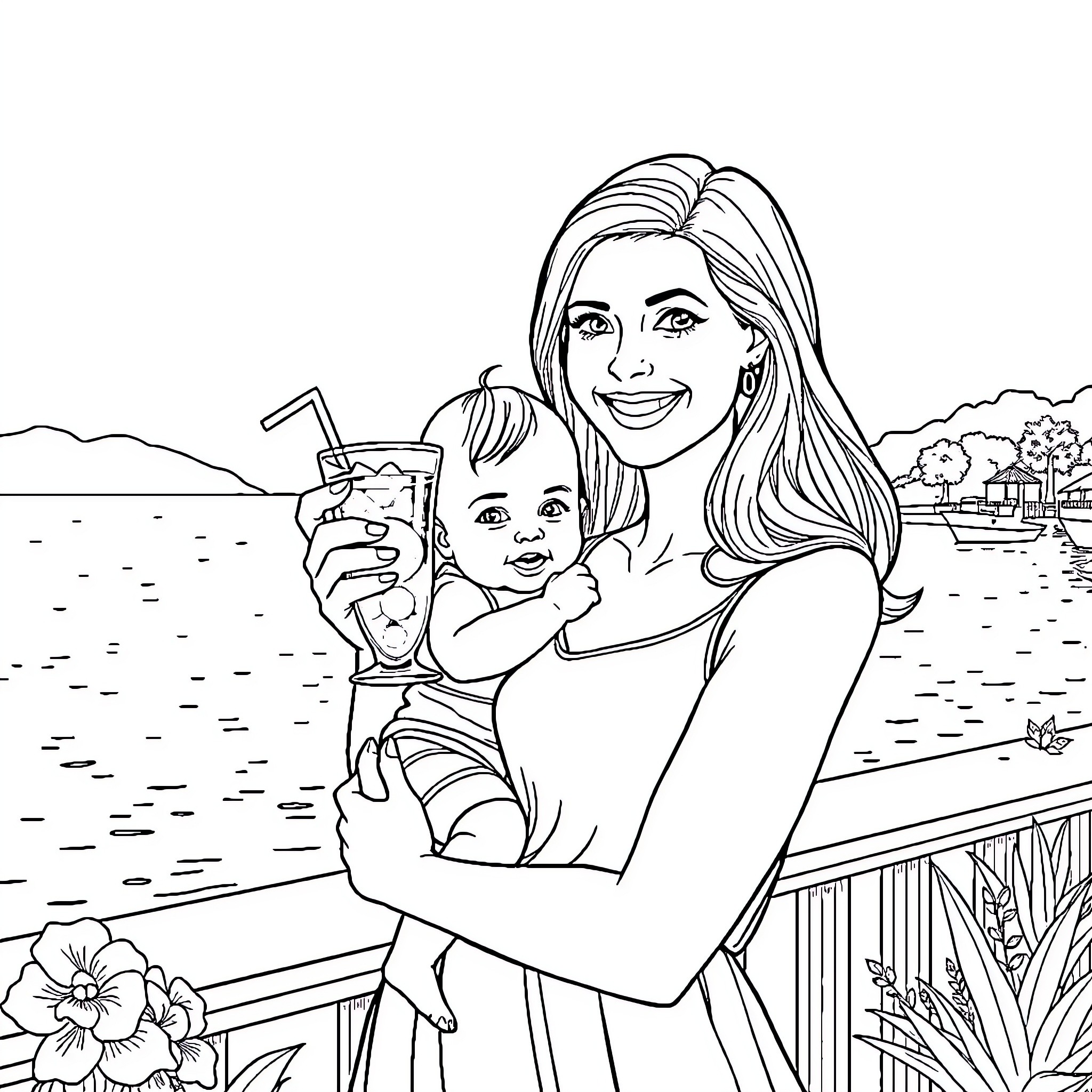 Mom and child enjoying drinks by the beach Coloring Page (free black-and-white line drawing printable PDF for all, from beginners to advanced learners, including children, teens, adults, and seniors)