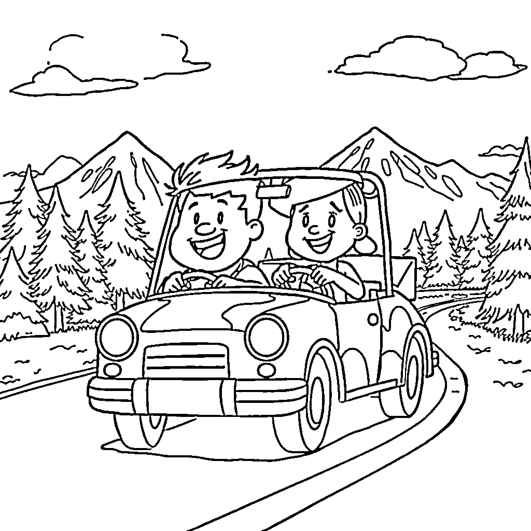 Dipper and Mabel enjoying a mountain road trip Coloring Page (free black-and-white line drawing printable PDF for all, from beginners to advanced learners, including children, teens, adults, and seniors)