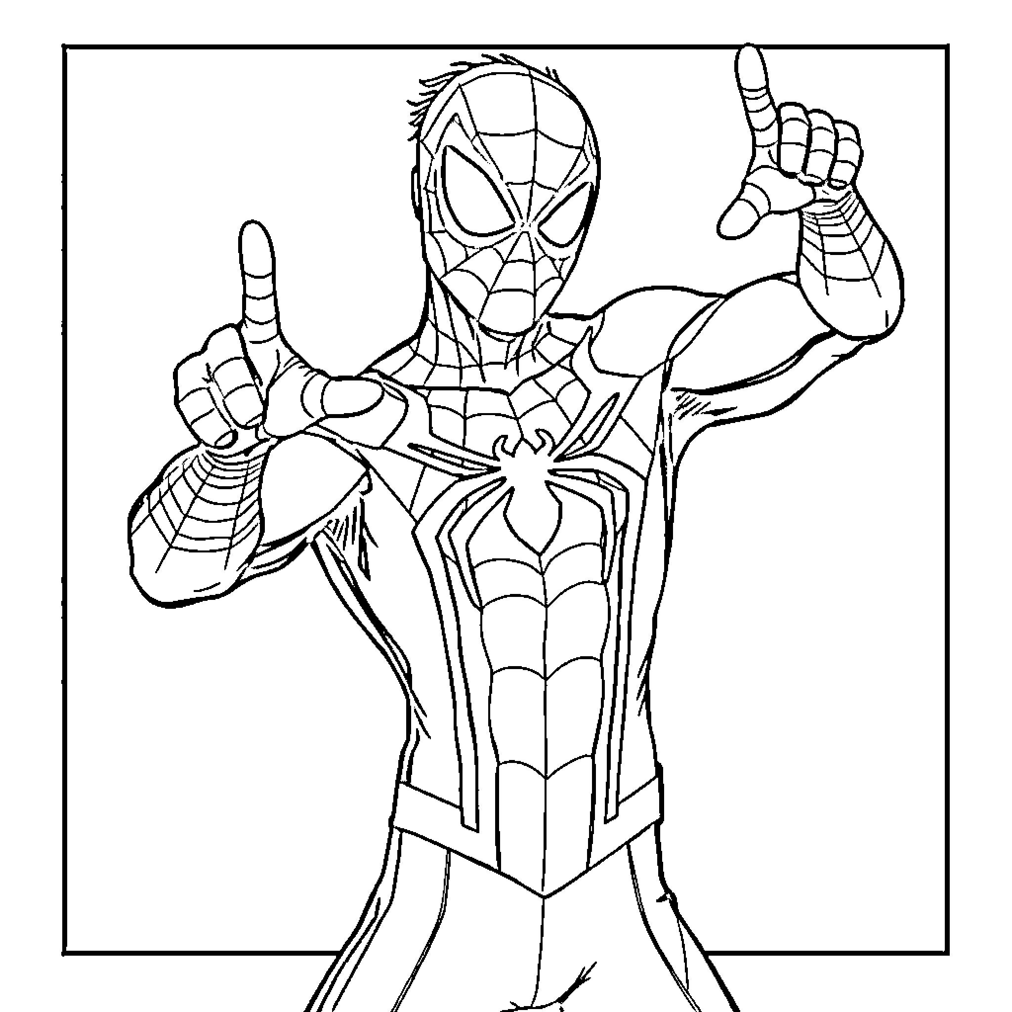 Spider-Man in action pose with web shooters Coloring Page (free black-and-white line drawing printable PDF for all, from beginners to advanced learners, including children, teens, adults, and seniors)