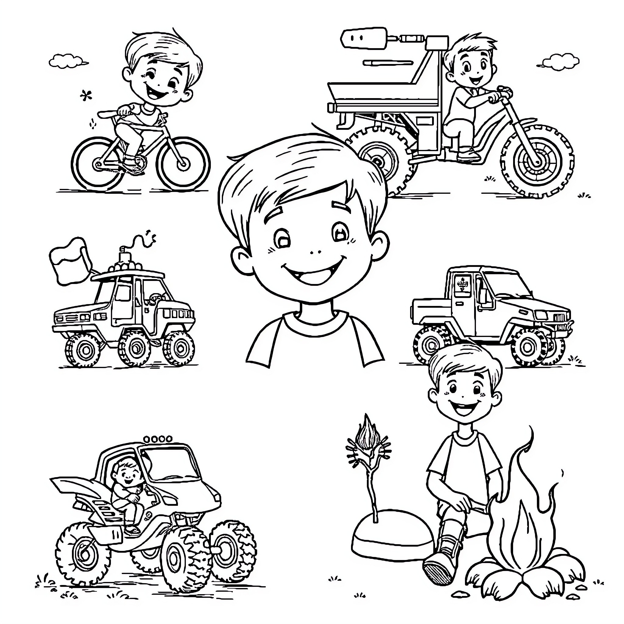 Boy's Adventures with Vehicles and Outdoor Fun Coloring Page (free black-and-white line drawing printable PDF for all, from beginners to advanced learners, including children, teens, adults, and seniors)
