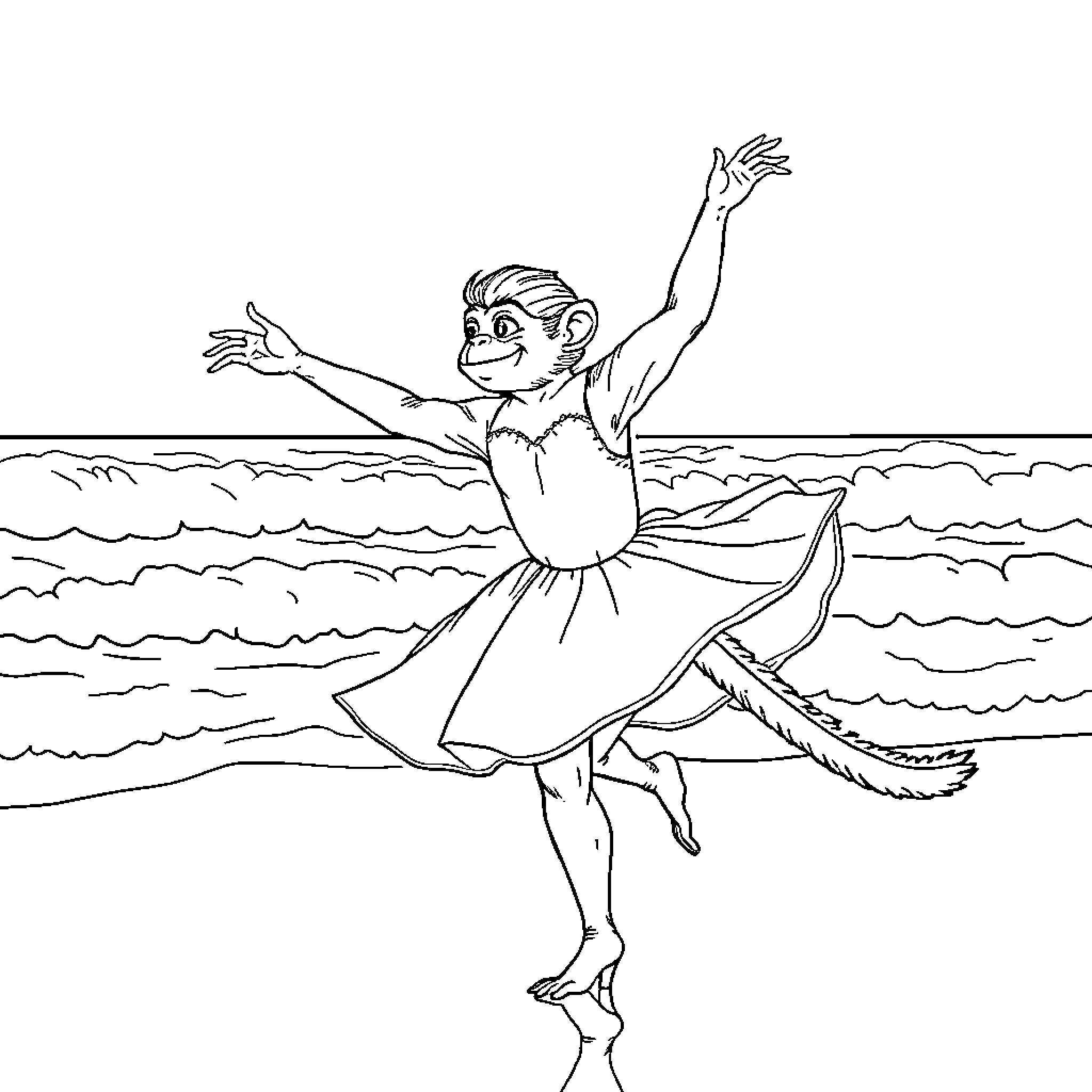 Ballerina Performing Graceful Dance Steps in the Water Coloring Page (free black-and-white line drawing printable PDF for all, from beginners to advanced learners, including children, teens, adults, and seniors)